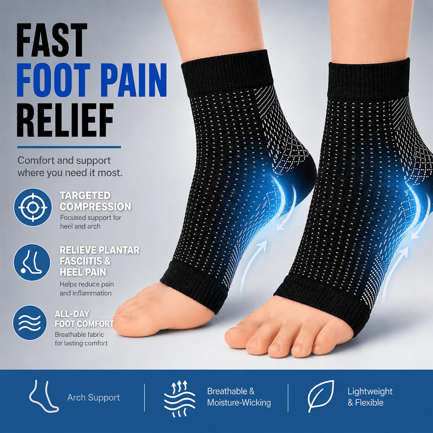 Plantar Fasciitis Socks, 12 Pairs Compression Foot Sleeves for Women and Men, Open Toe Ankle Support Socks with Arch Support for Heel, Arch, Ankle, Running, Walking, Black (Medium)
