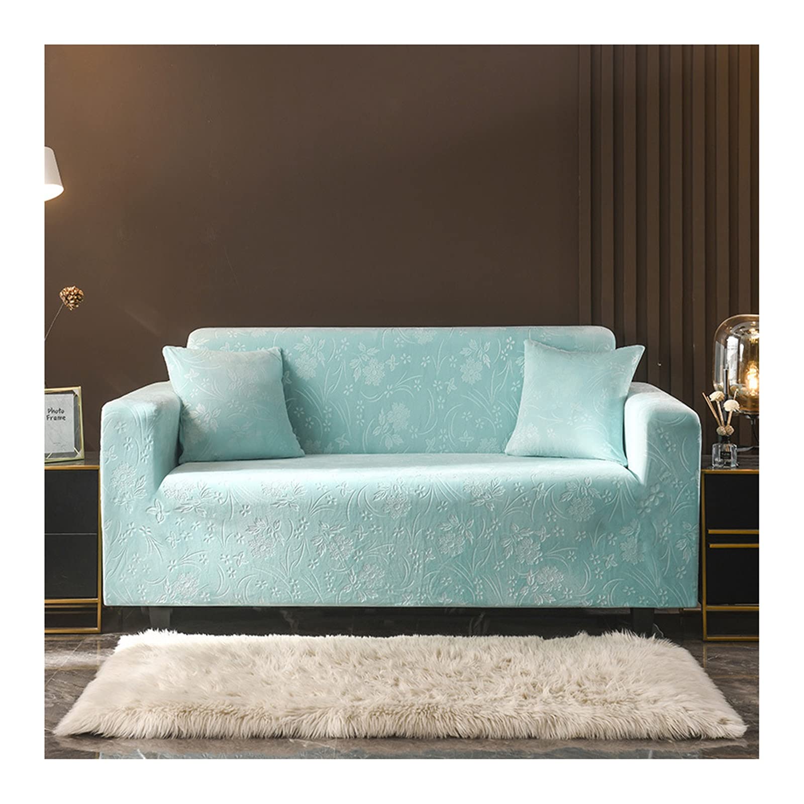 Housse de canapé 1 place bleu clair à motif fleur et feuille vintage pour sofa de 90 à 140cm