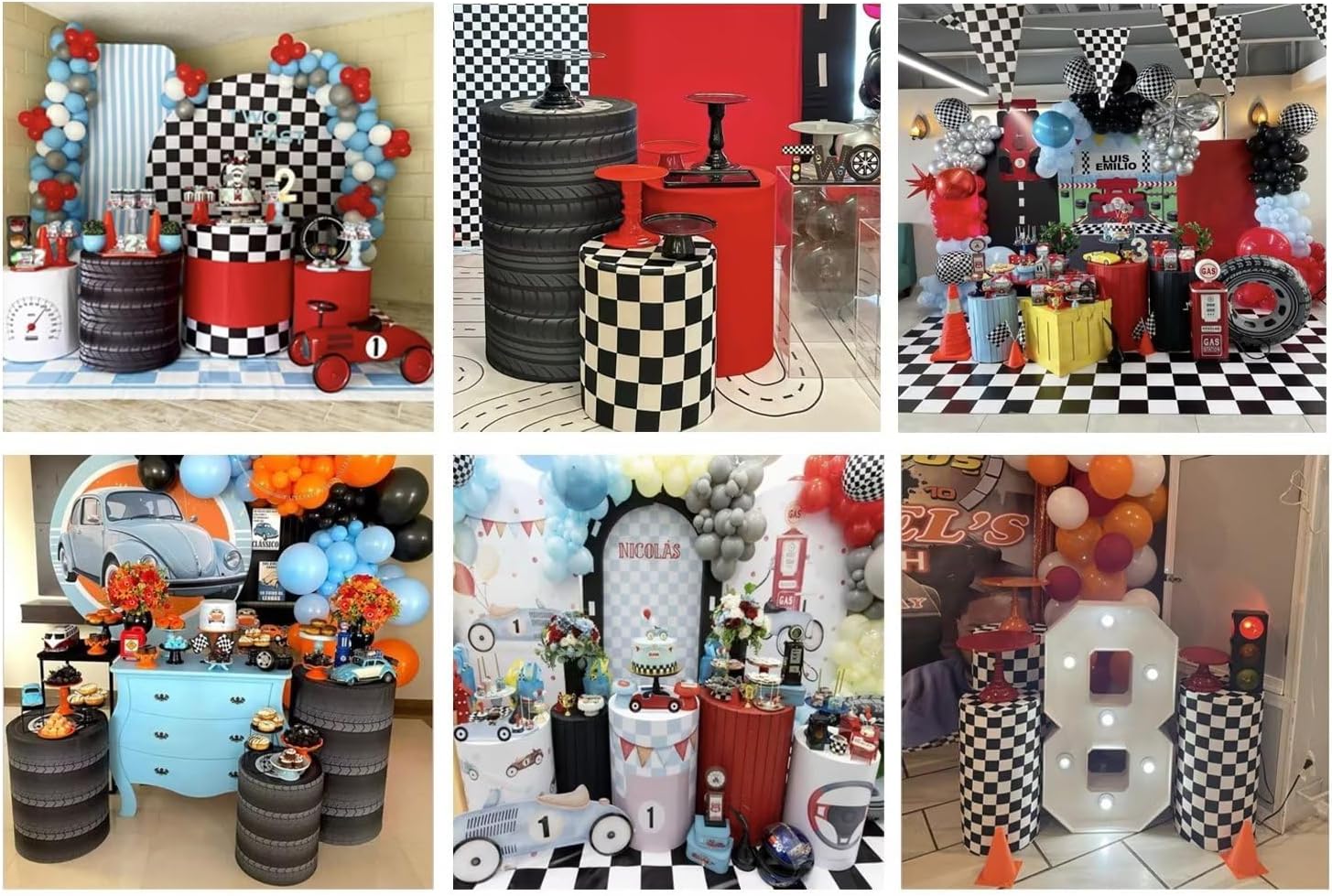 Black and White Checkered Track Cylindrical Cylinder Plinth Covers for Racing Parties Decorations Stretchy Pedestal Fabric Cover Baby Shower Birthday Party Props Dia14''H30''