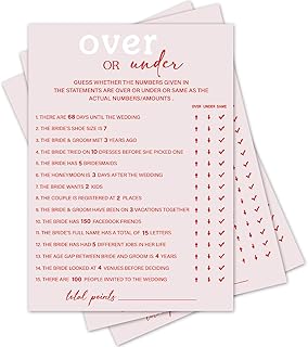 Over or Under Bridal Shower Game Set, 30 Pink Wedding Shower Games Card, Bridal Shower Engagement Bachelorette Party Activities and Supplies -P14