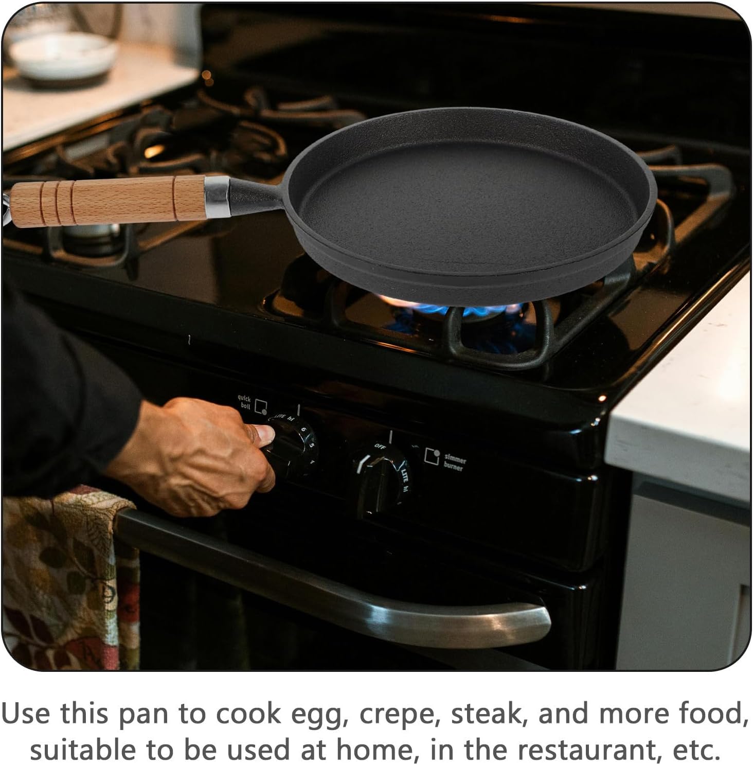 Garneck Nonstick Iron Frying Pan with Side Handles and Wood Handle for Cooking Eggs and Pancakes, Portable Black Crepe Pan for Home Kitchen and Restaurant Use