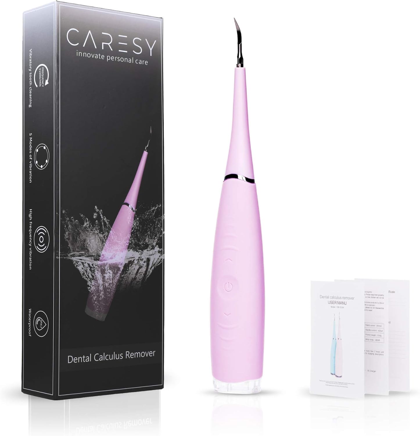 CARESY Electric Plaque Remover for Teeth - Cleaning Tarter Dental Calculus Tool for Adults, Portable and Rechargeable, Helps Restore Whiteness, Prevents Odours or Discoloration (Pink)