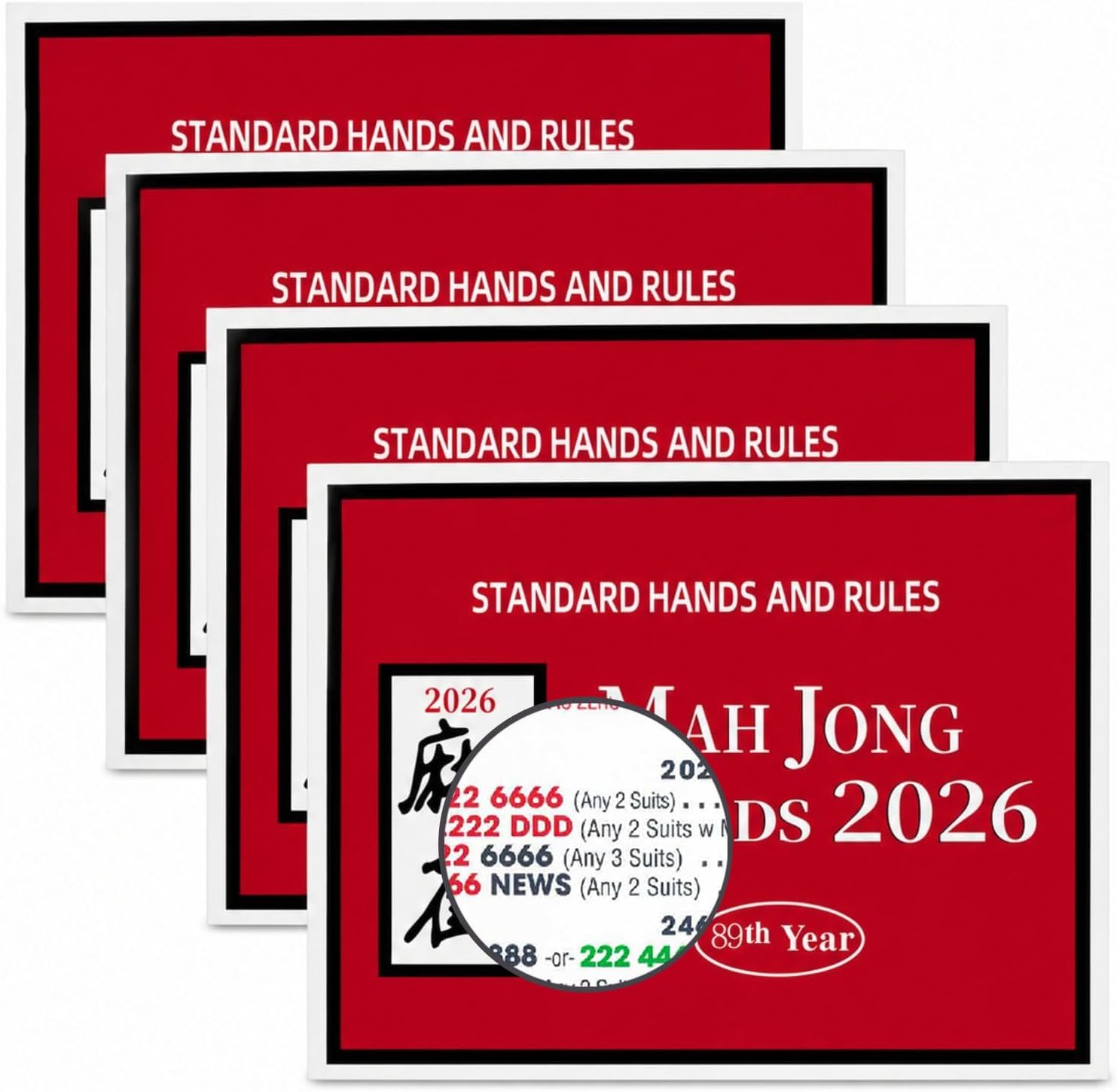Mahjong Rule Cards 2026 Version - Large Print & Easy to Read, 4 Pack (Red)