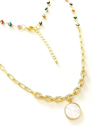 SIFRIMANIA Paper Clip Cubic Zirconia Evil Eye Chain Saint Benedict Small Shell Medal Choker Necklace