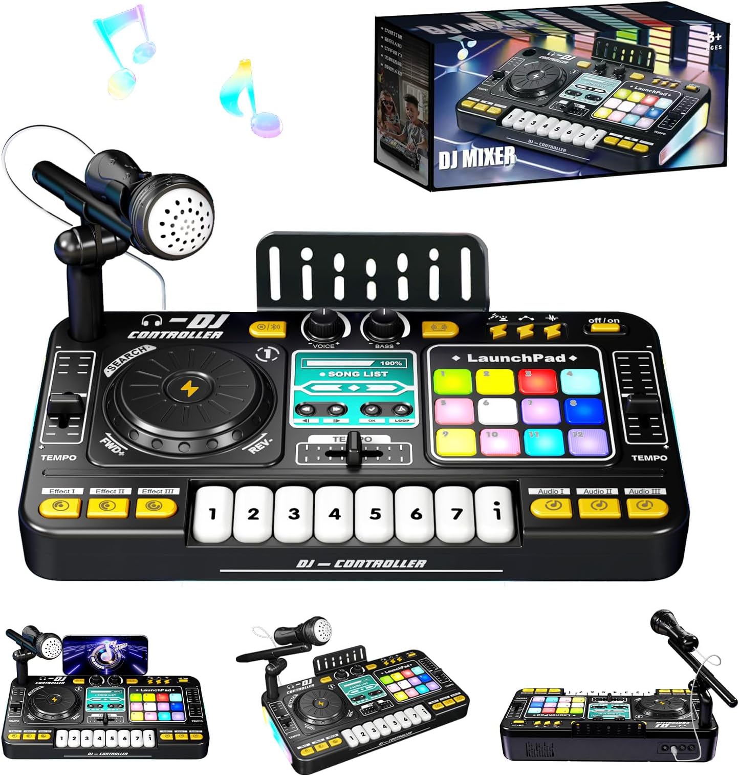 Kids DJ Mixer Table with Microphone,Bluetooth,8 Piano Keys, LED Lights, Interactive Music Toy for Children, Musical DJ Set for Kids 3 4 5 6 7 8+ Birthday Gift(Black)