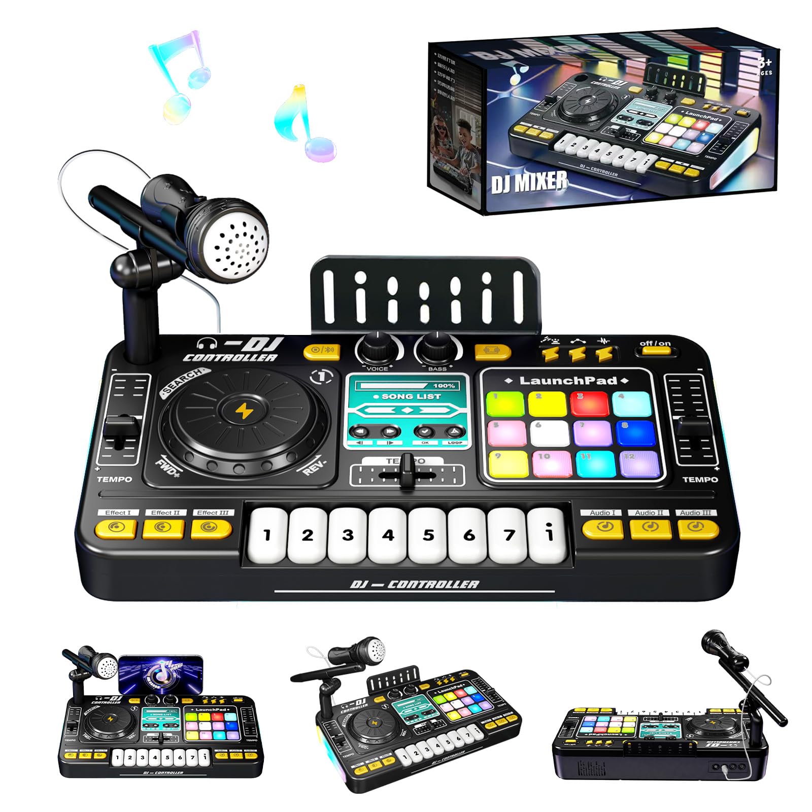 RedCrab Kids DJ Mixer Table with Microphone,Bluetooth,8 Piano Keys, LED Lights, Interactive Music Toy for Children, Musical DJ Set for Kids 3 4 5 6 7 8+ Birthday Gift(Black)