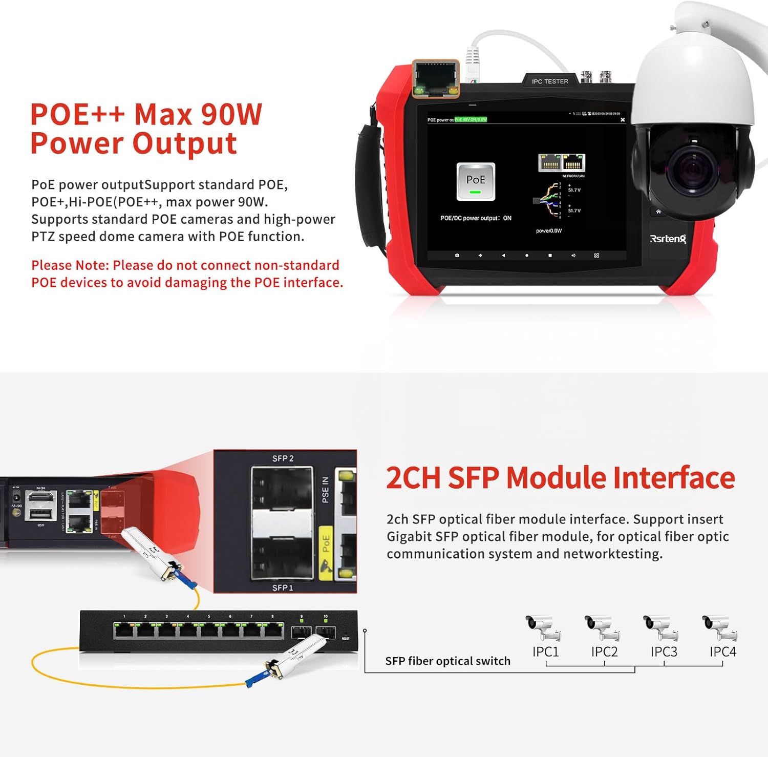 Rsrteng CCTV Tester 8K 32MP 12MP IP Camera Test POE++ Max 90W POE Camera Tester 2CH SFP Port WiFi Network Tools Cable Test HD VGA Power Output POE++ Detect Power Management