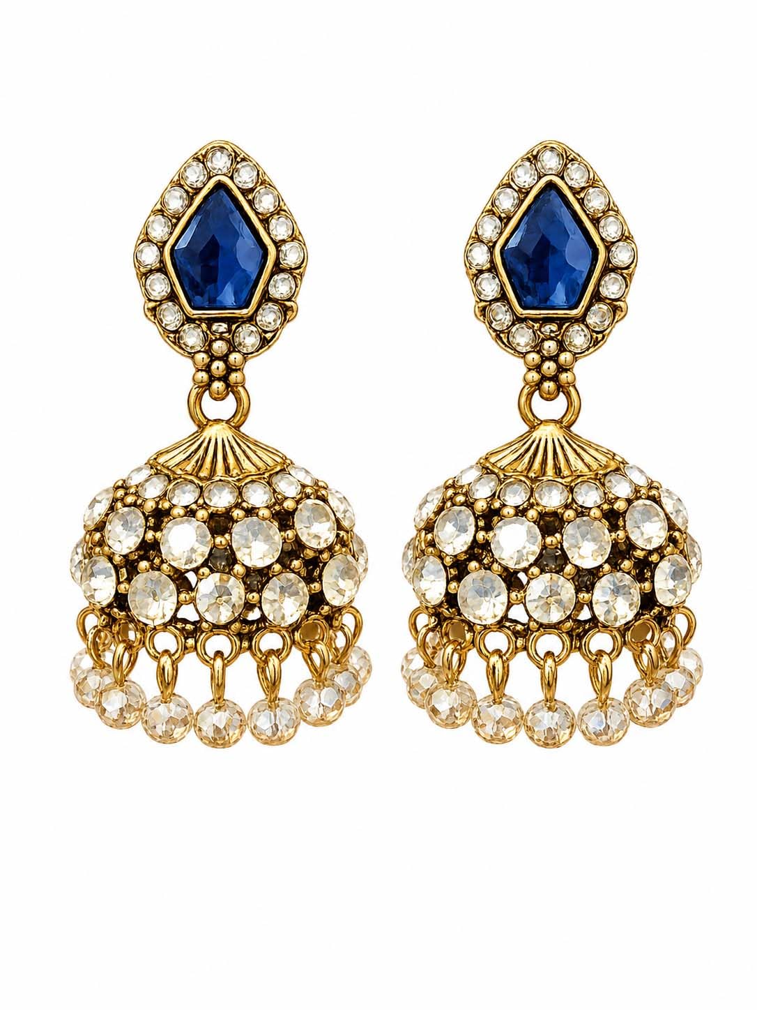 Gold Plated Kundan Jhumka Earrings for Women Traditional Indian Ethnic Dangle Drop Earrings with Blue Crystal Stones Wedding Party Festive Jewelry Gift-image-4