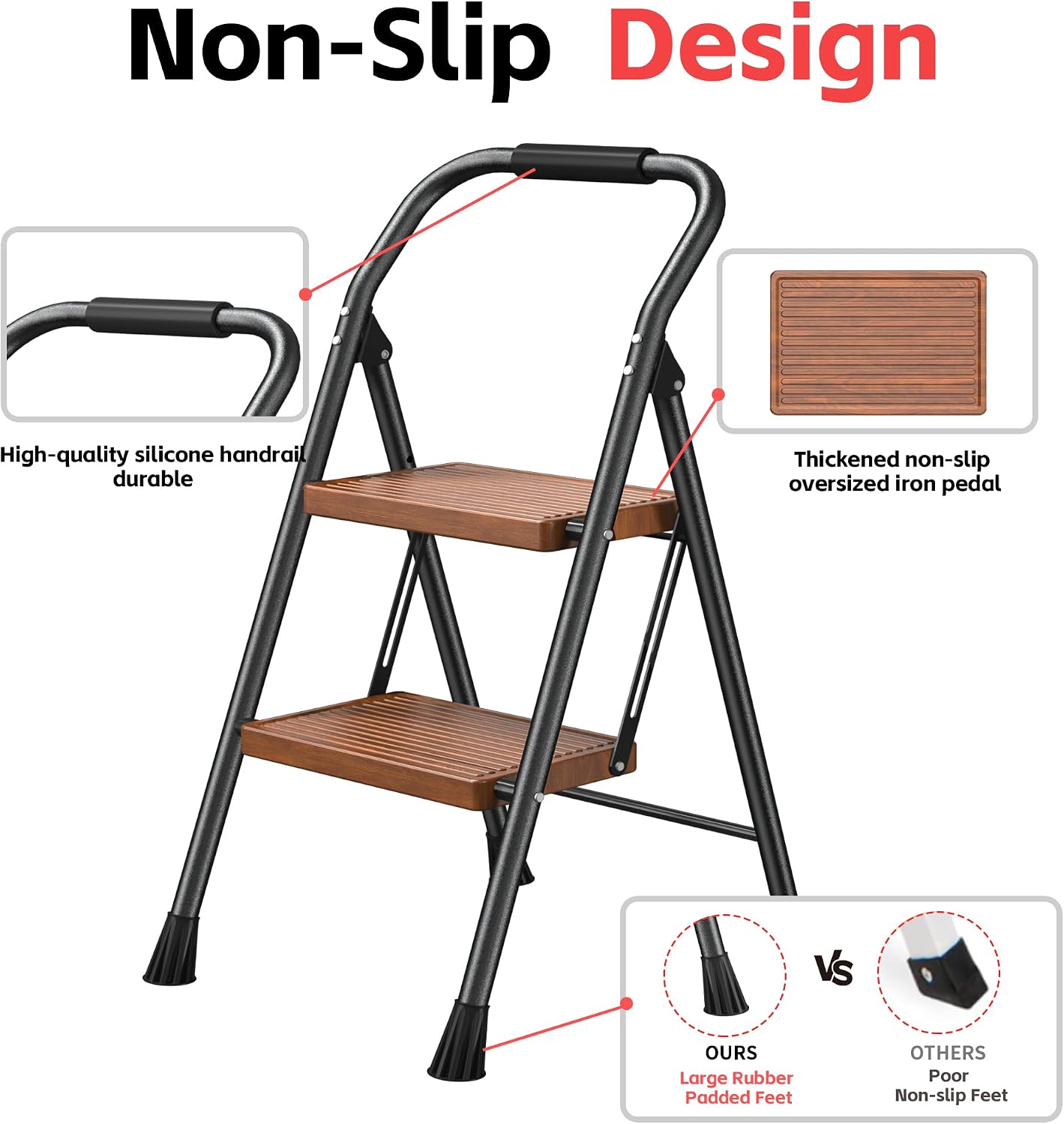 Step Ladder Foldable Folding Stool - for Home Adults Kitchen 2 Stepping Extension Tall Heavy Duty with Handrails - Closet Stepstool Stair Ladders Extendable Stepladder for Indoor House 600Lbs