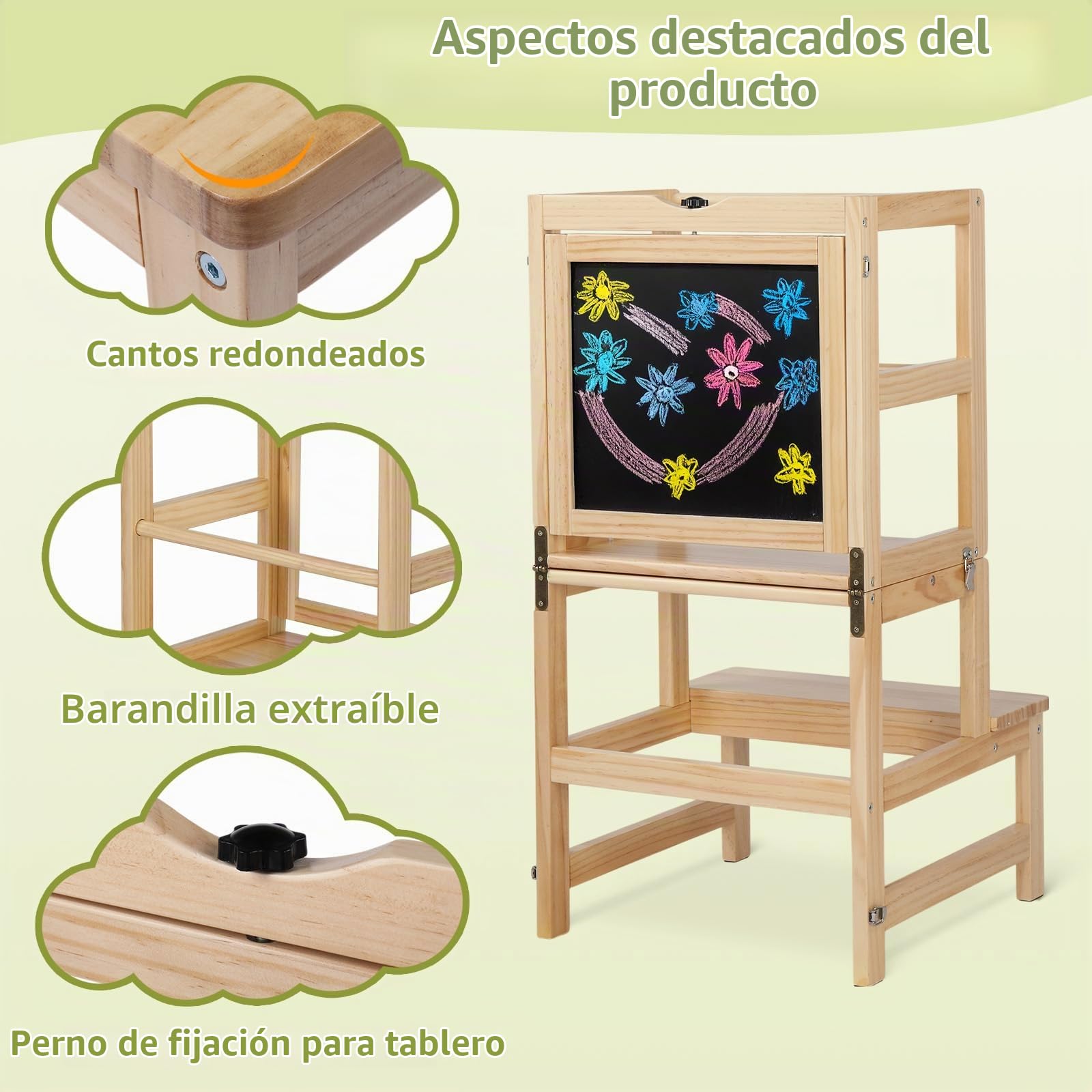 Bonnlo Torre de Aprendizaje Plegable de Madera, Escalera Infantil 4 in 1 con Pizarra, Convertible en Mesa y Silla, hasta 60 KG, Desde 3 Años, Natural