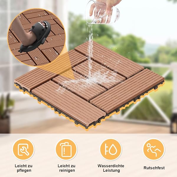 WPC Terrassenfliesen 30x30 cm in Braun, 11 Stück = 1 m², Balkon Bodenfliese und Gartenfliesen mit Klick-System, Terrassendielen als Balkonfliesen Klickfliesen. - 5