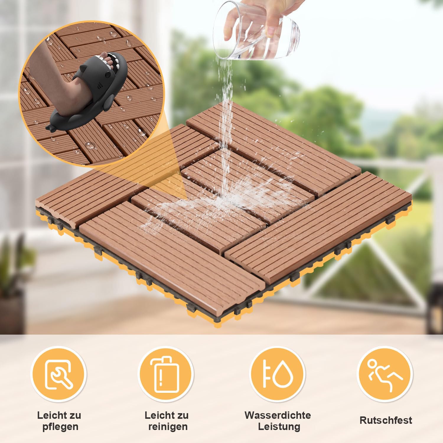 Płytki tarasowe WPC 30 x 30 cm w kolorze brązowym, 33 sztuki = 3 m², płytki podłogowe na balkon, płytki ogrodowe z systemem zatrzaskowym, deski tarasowe jako płytki balkonowe, płytki na klik.