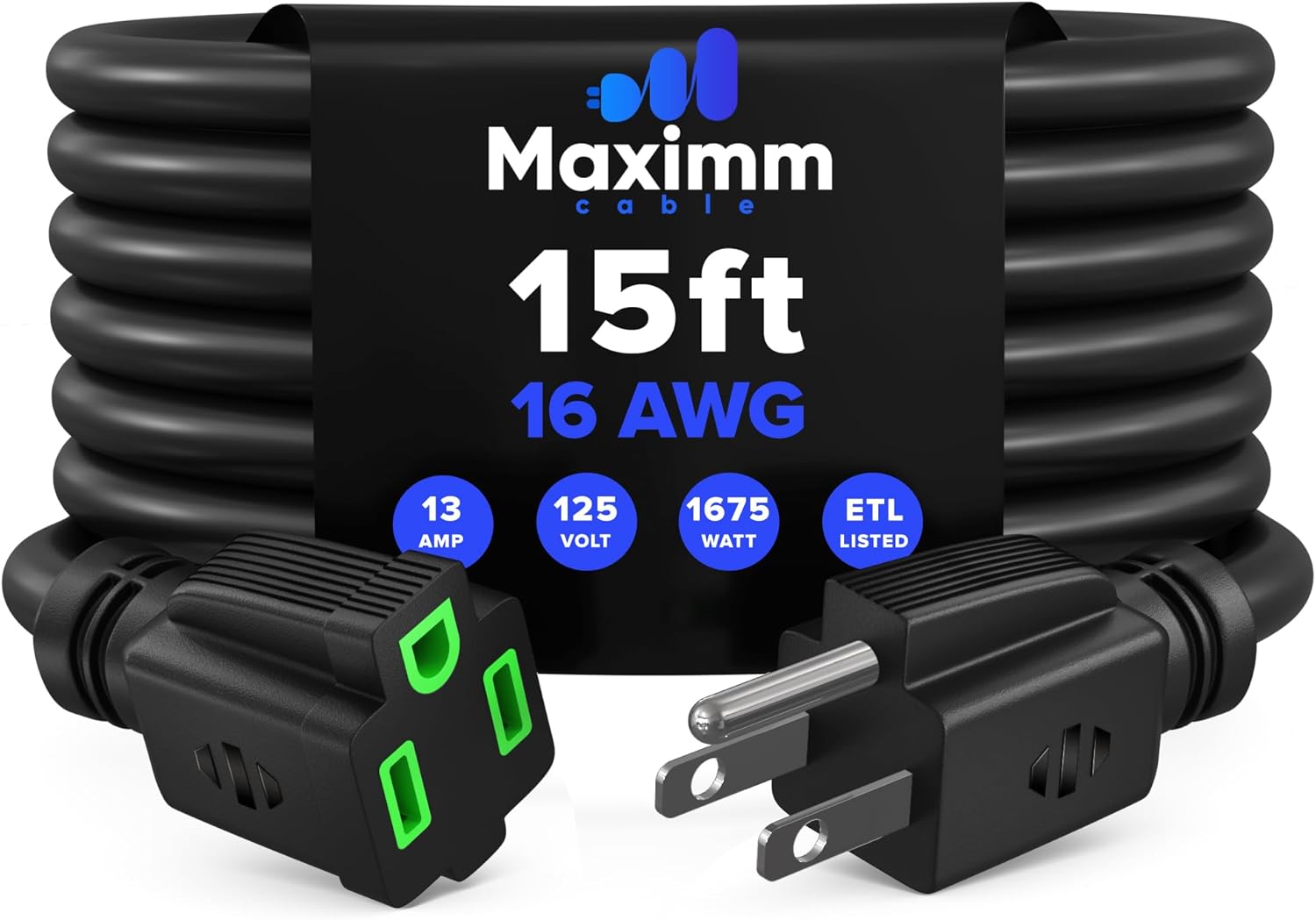 Maximm Extension Cord 15 Ft, 2 Pack Black Power Cords Indoor 16 Gauge Wire SJTW Heavy Duty ETL Listed (15Ft, Black with Green Indicators, 2 Pack)