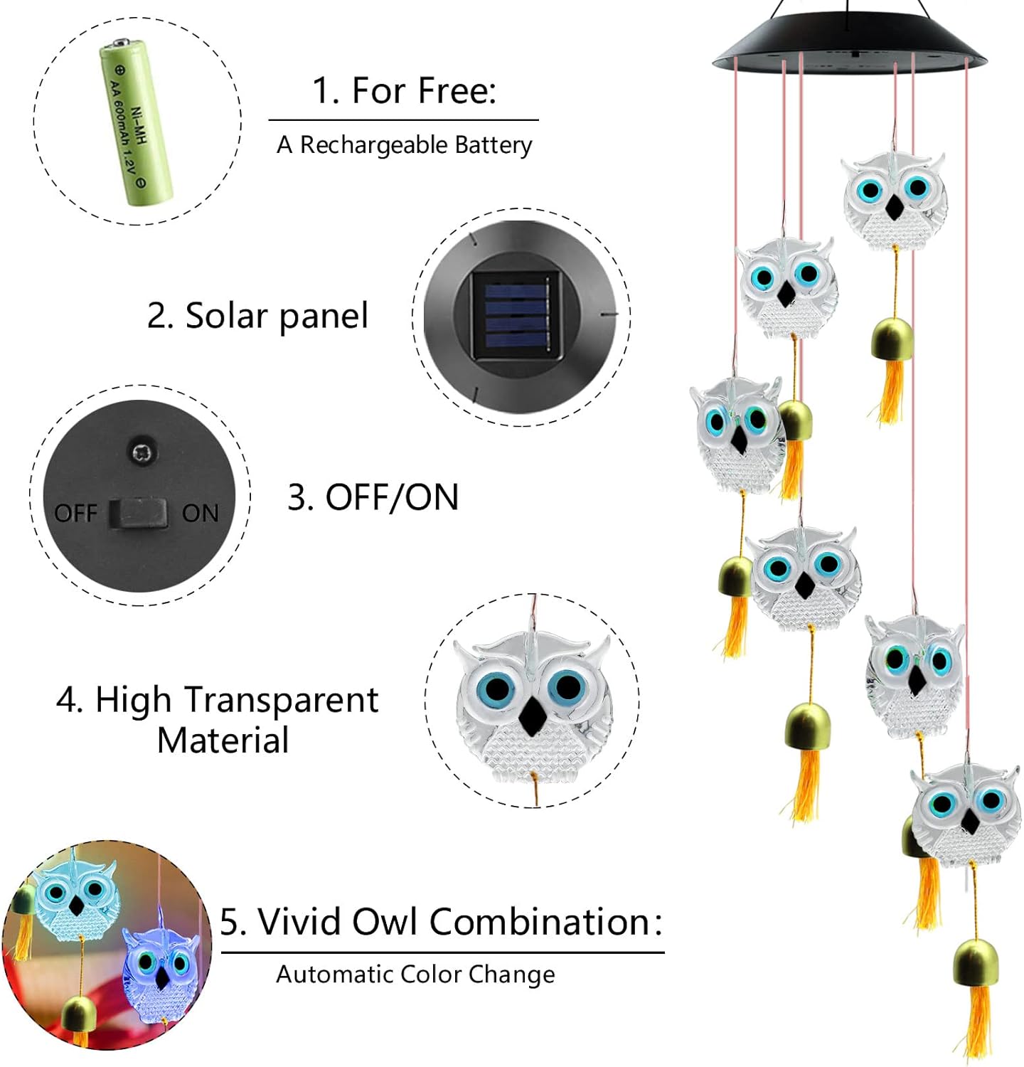 Owl Bell Solar Wind Chimes