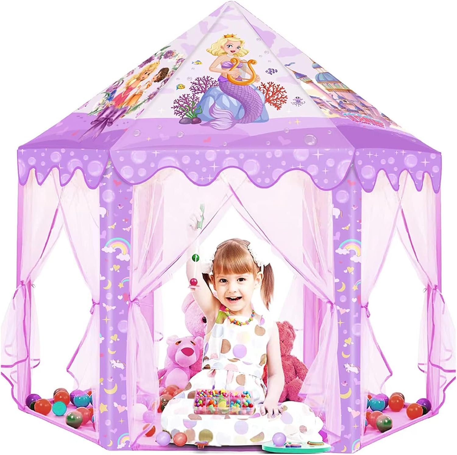 Princess Mermaid Kids Play Tent - Purple Large Playhouse for 3-12 Year Old Girls, Indoor Outdoor Castle Toy for Children Games, 55'' x 53'' (DxH)