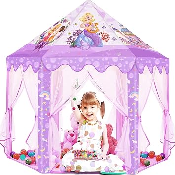 Mnagant Princess Mermaid Kids Play Tent - Purple Large Playhouse for 3-12 Year Old Girls, Indoor Outdoor Castle Toy for Children Games, 55 x 53 DxH