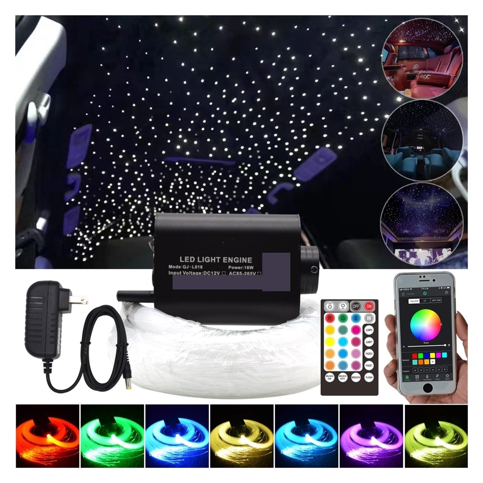 Oświetlenie wnętrza samochodu LED, Światła światłowodowe LED samochodowe Zestaw oświetlenia sufitowego Star z aplikacją na smartfony Kontroler Bluetooth Światłowód gwiazdowy Światła nastrojowe w samoc