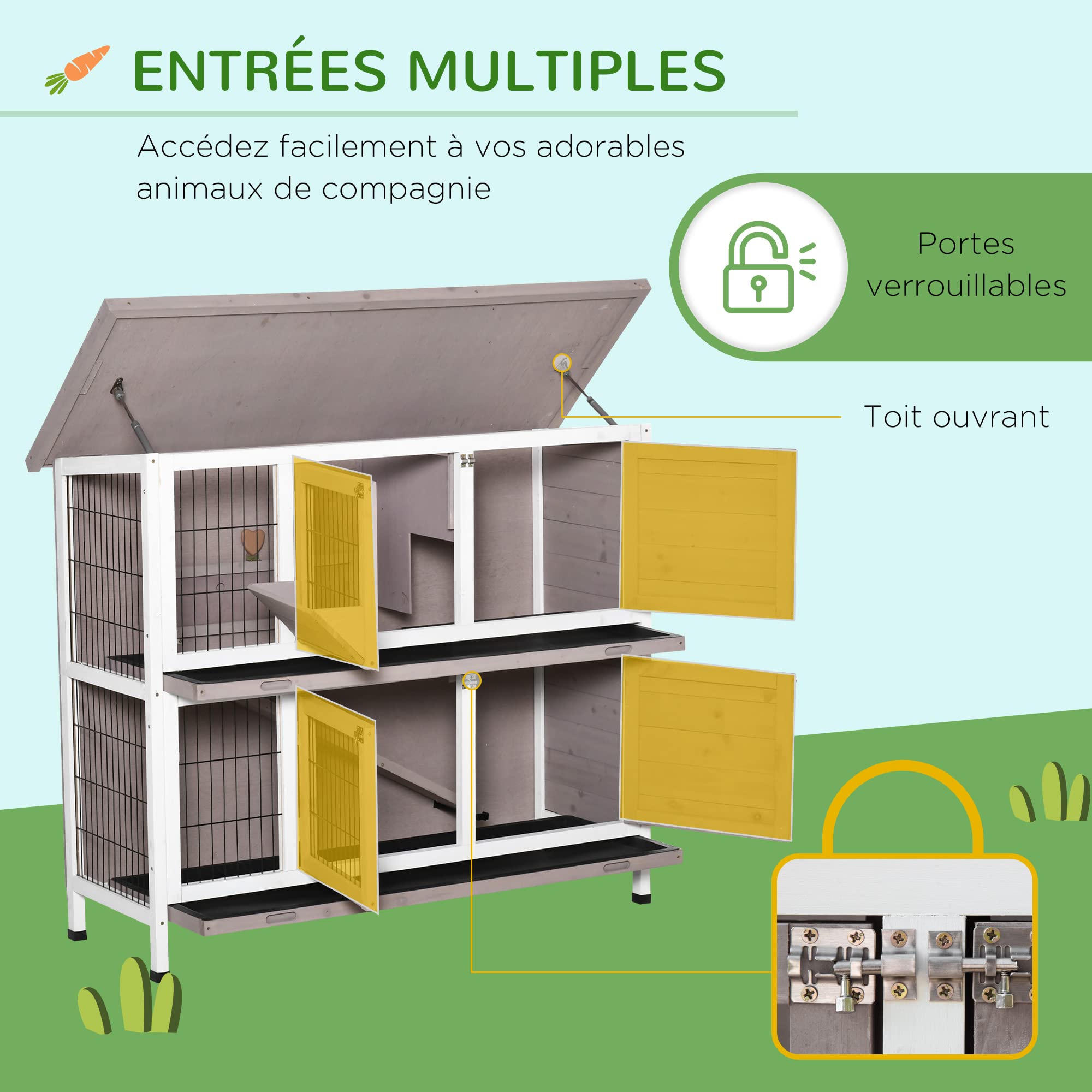 PawHut Cage pour Lapin 2 Niveaux 122 x 50 x 101cm Gris Blanc