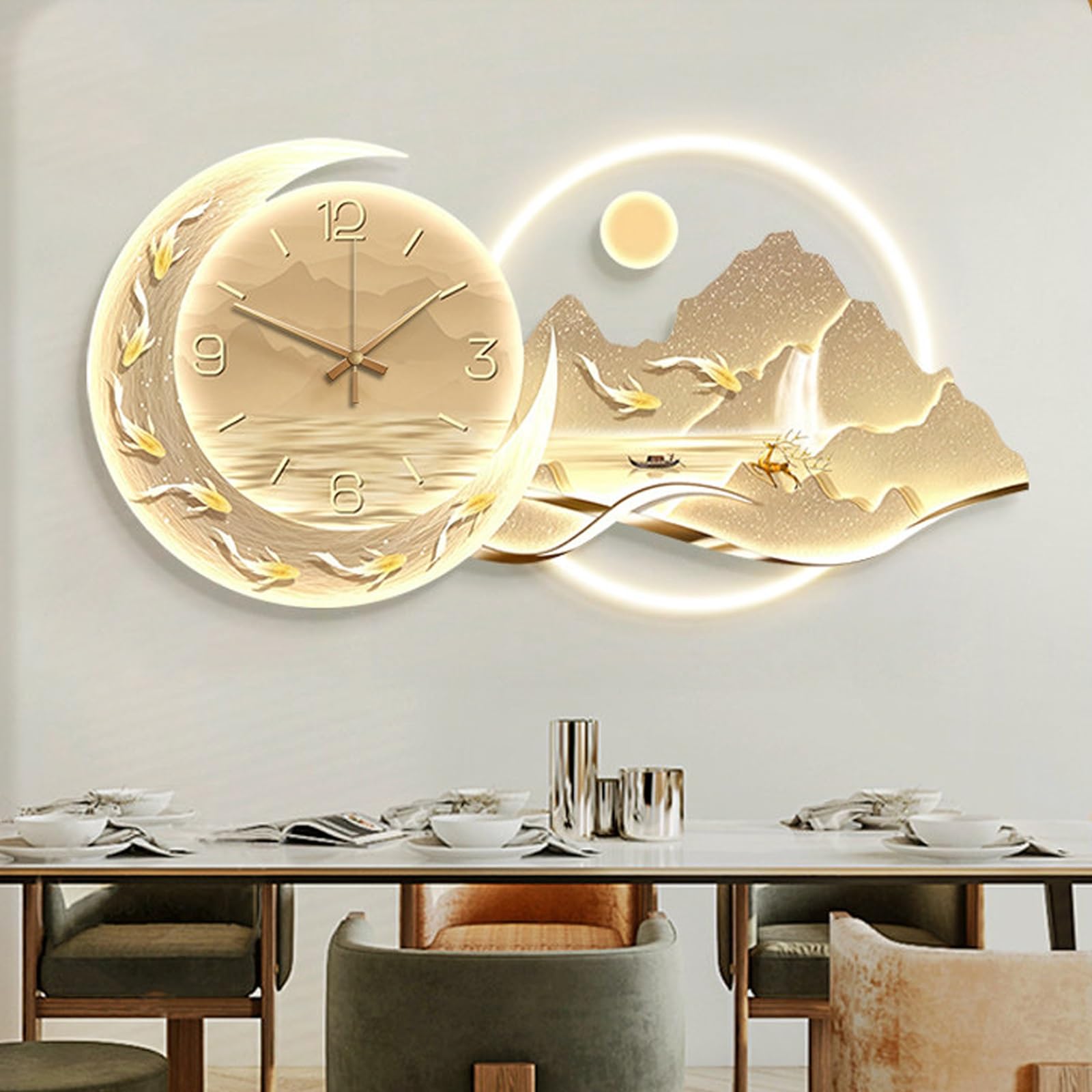 ITOSUI 3D Moon Decorative Art Wall Clocks Painting with LED Light,Modern Artistic Wall Clock,Silent Wall Clocks,Bedroom,Kitchen,Home,Dining Room Background Wall(Gold B,31.5 * 15.7")