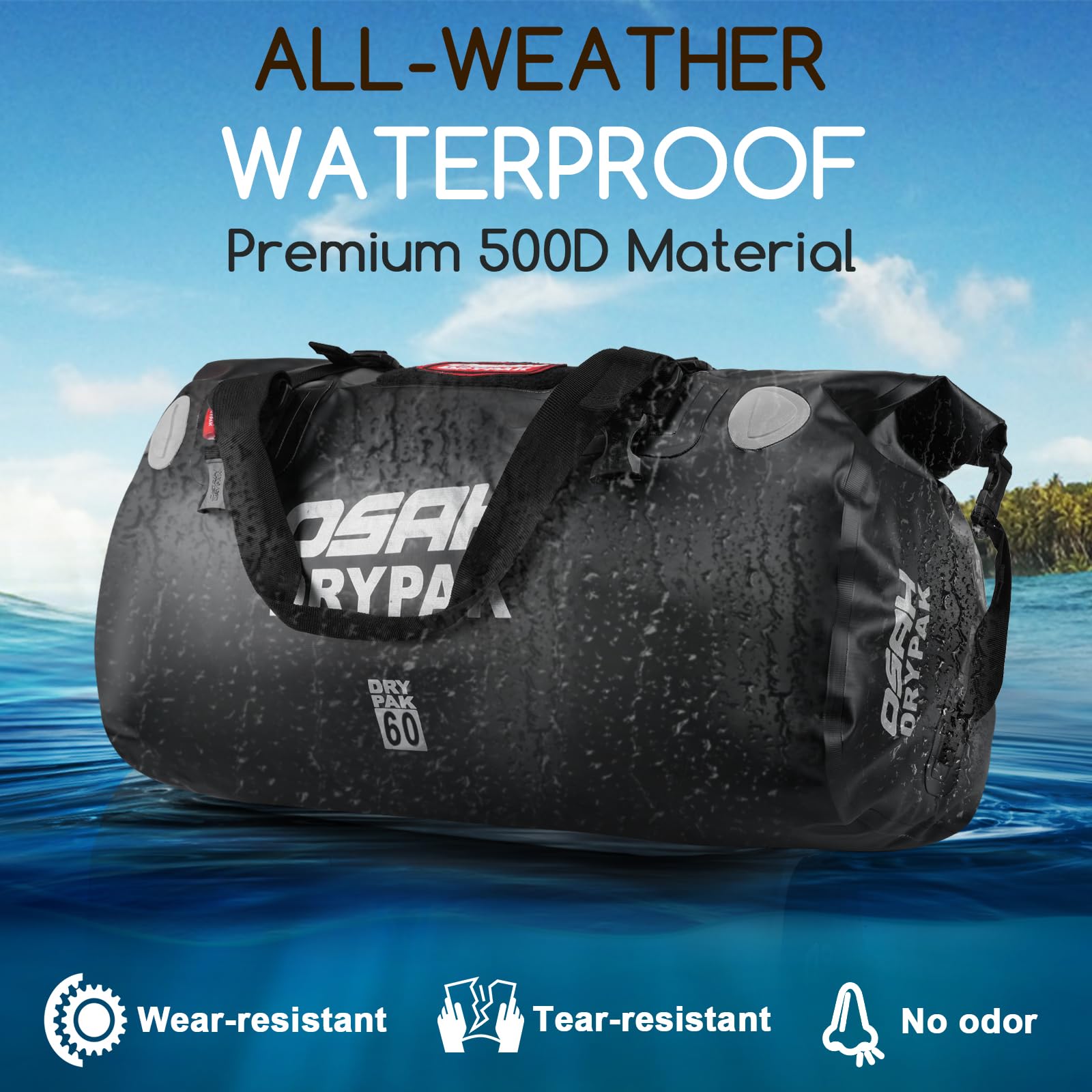 OSAH DRYPAK Bolso de Lona Impermeable - Bolsa Trasera estanca para Moto con Gran Espacio, Equipaje Impermeable con Bolsillo Exterior de Malla con Cremallera para Acampada, Kayak, Pesca y Viajes