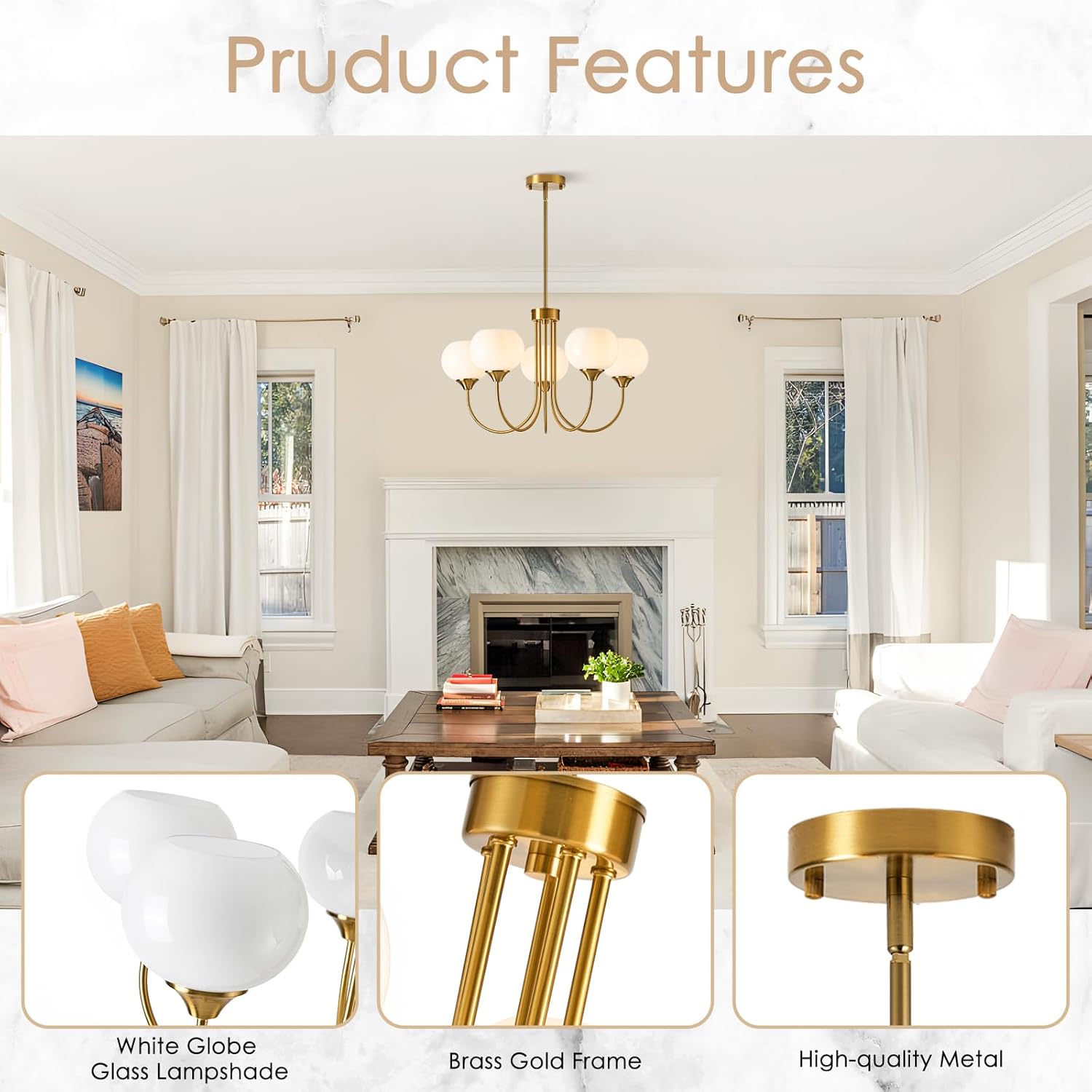 Modern Globe Chandelier 5 Light Mid Century White Milk Glass Vintage Sputnik Hanging Chandeliers Gold Pendant Light Fixtures for Dining Room Kitchen Living Room Bedroom