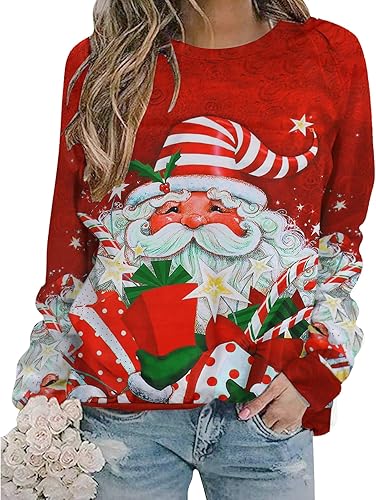 MYHALF Camisa de Feliz Navidad para mujer, cuello redondo, divertido muñeco de nieve de manga larga, casual, para días festivos