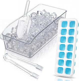 FoldTier Clear Ice Storage Container with Silicone Ice Cube Tray, Scoop and Tongs Set, PET Freezer Organizer Bin for Kitchen Bar Party Home Drinks Cocktails (medium)
