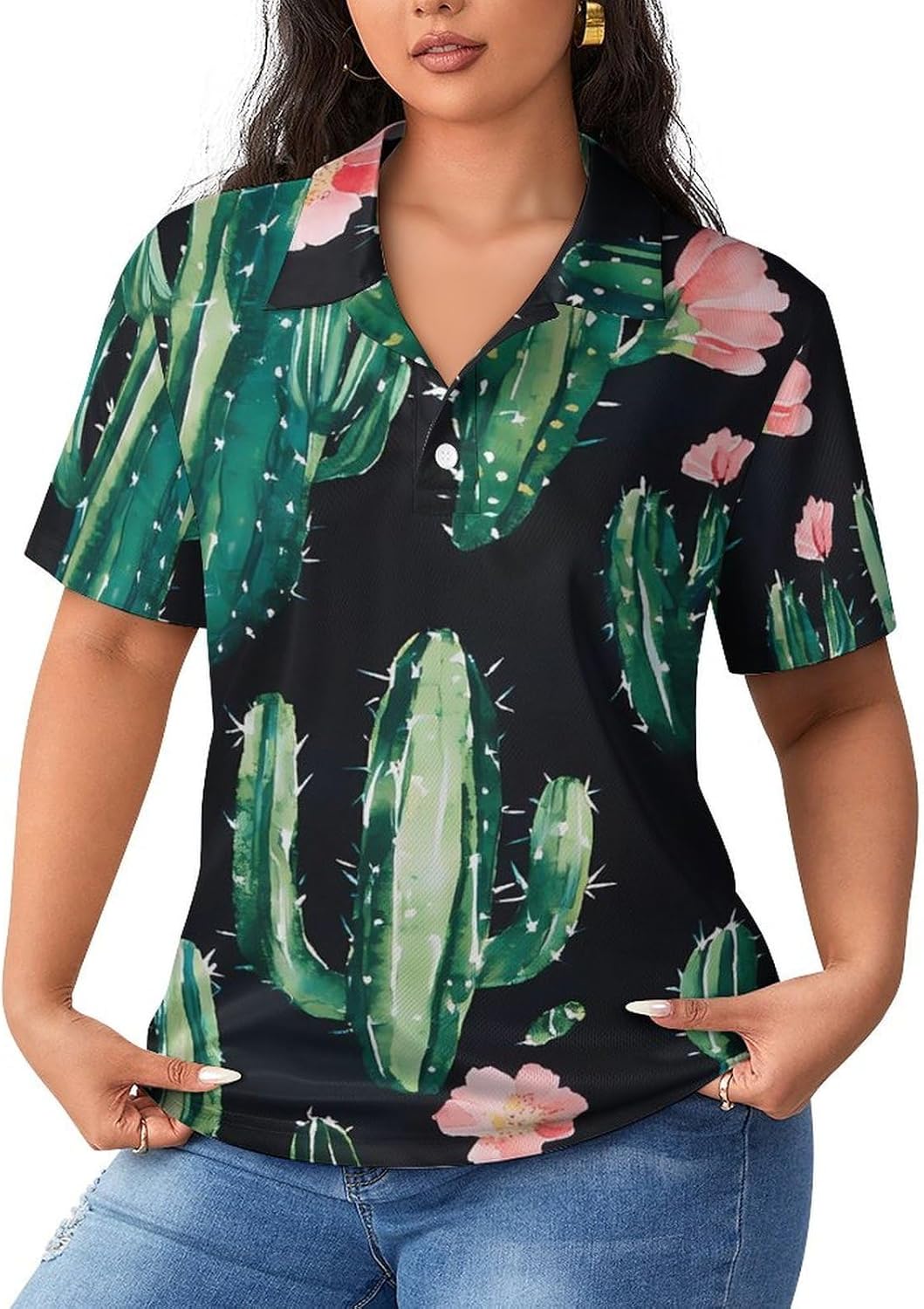 Cactus Watercolor Women's Golf Polo Shirts Short Sleeve Quick Dry Tennis Tops Casual Work Blouses