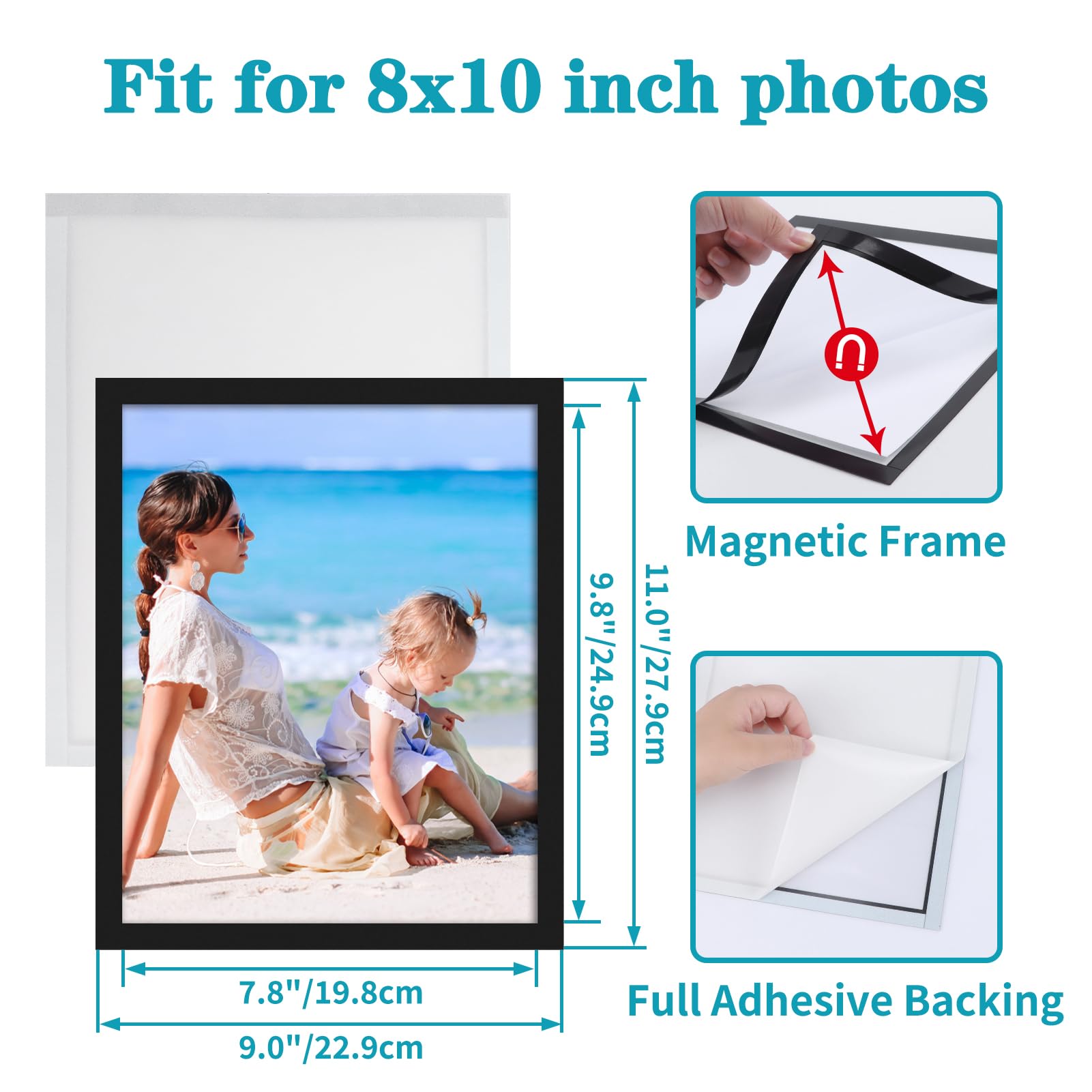 CRUGLA 8x10 Magnetic Picture Frames for Refrigerator, 4 Packs 8 By 10 Picture Frame with Self-Adhesive Backing Set for Glass Window Door Cubicle Tile Wall, Black