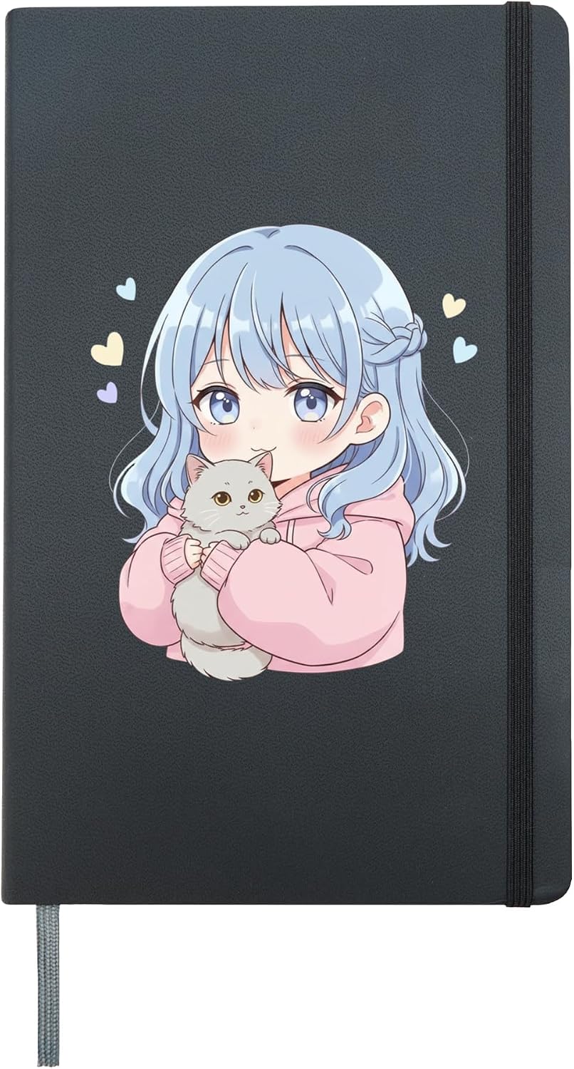 Kawaii Anime Girl With Cat Lover Japanese Manga Teens Youth Hardcover Journal, Black