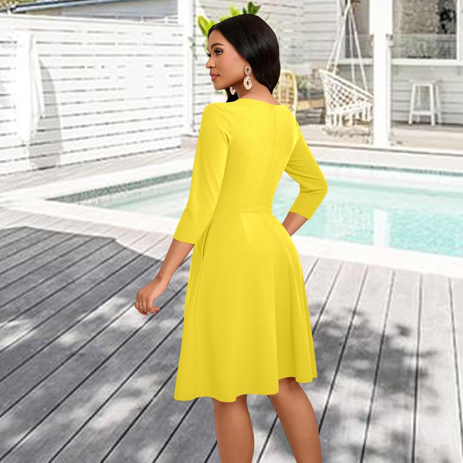 Women's Casual Long Sleeve Midi Dress Elegant A Line Empire Waist Crew Neck Flowy Swing Dress - Image 2