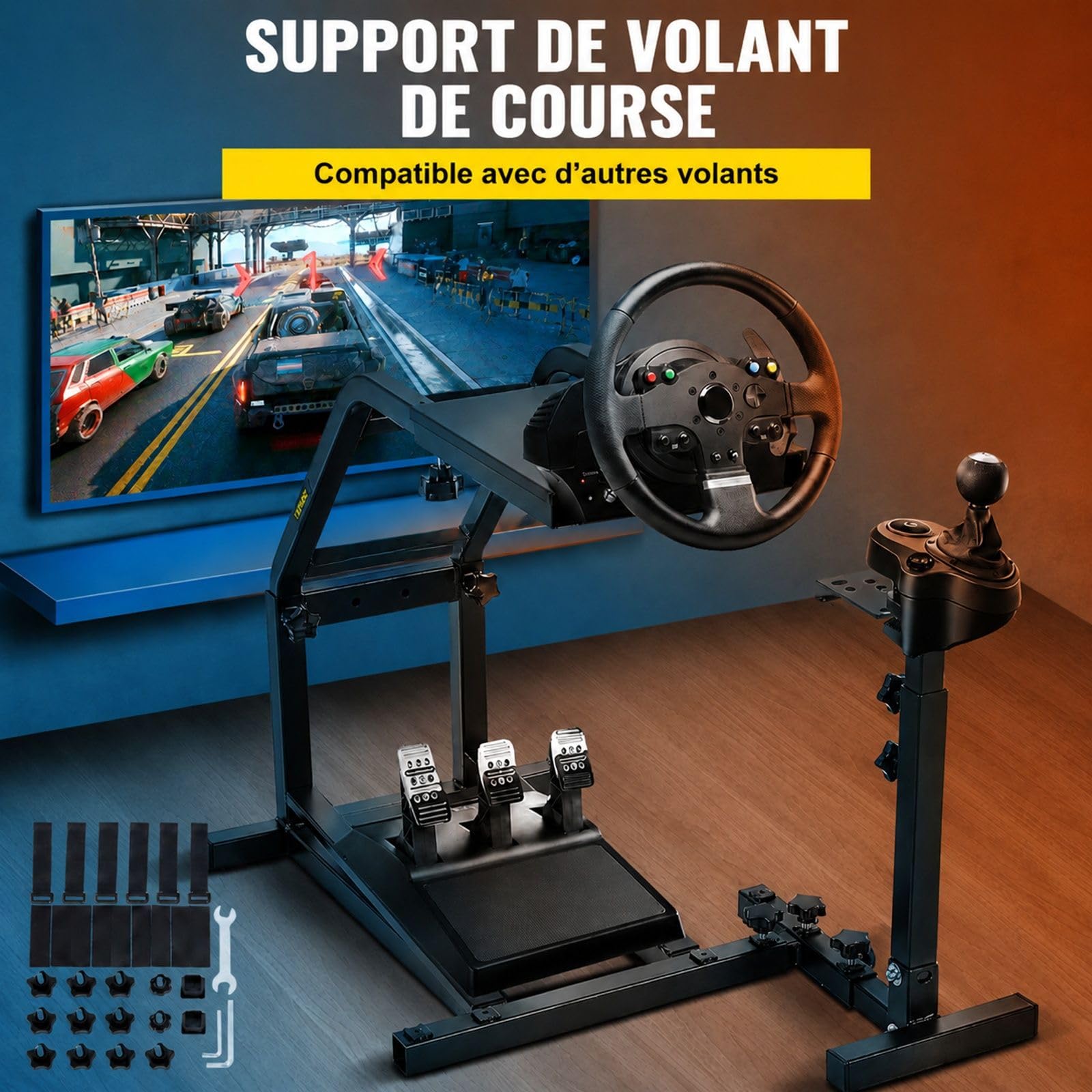 Support de volant de course noir réglable avec support pour pédales et levier de vitesse, pour installation de simulation à domicile