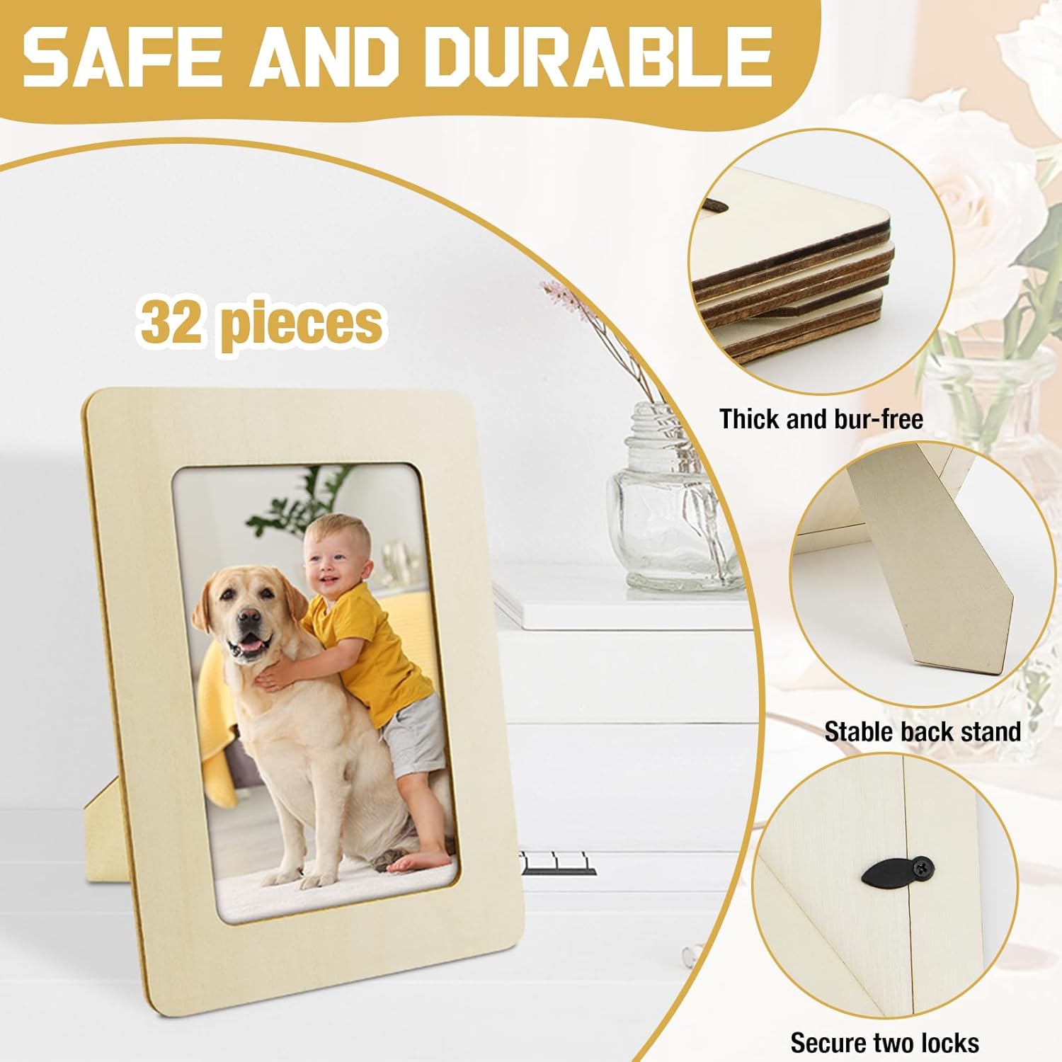 32 Pcs Wooden Picture Frames for Crafts, Bulk Unfinished DIY Wood Craft for 4" x 6" Photos Frame for Wedding Birthday Graduation Party Decor