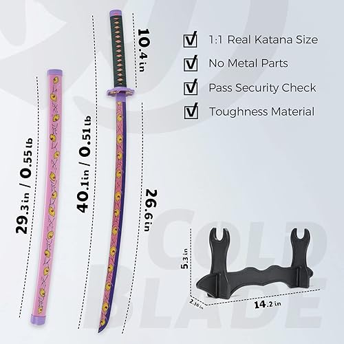 Vista 4 de Cold Blade Demon Katana - 41 Inch Anime Replica with Belt and Stand - Durable Sword Perfect for Cosplay - Nichirin Sword with Authentic Design