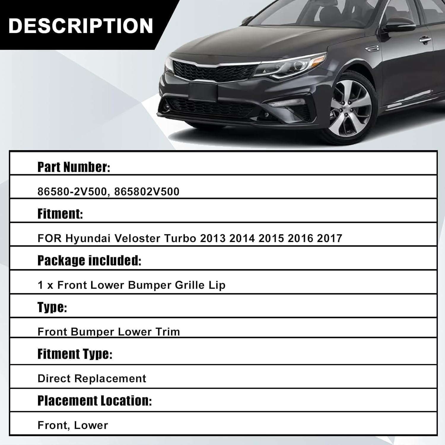 SecosAutoparts Deflector Bumper Grille Lower Lip Trim Front Compatible with Hyundai Veloster Turbo 2013 2014 2015 2016 2017 Replace# 86580-2V500, 865802V500