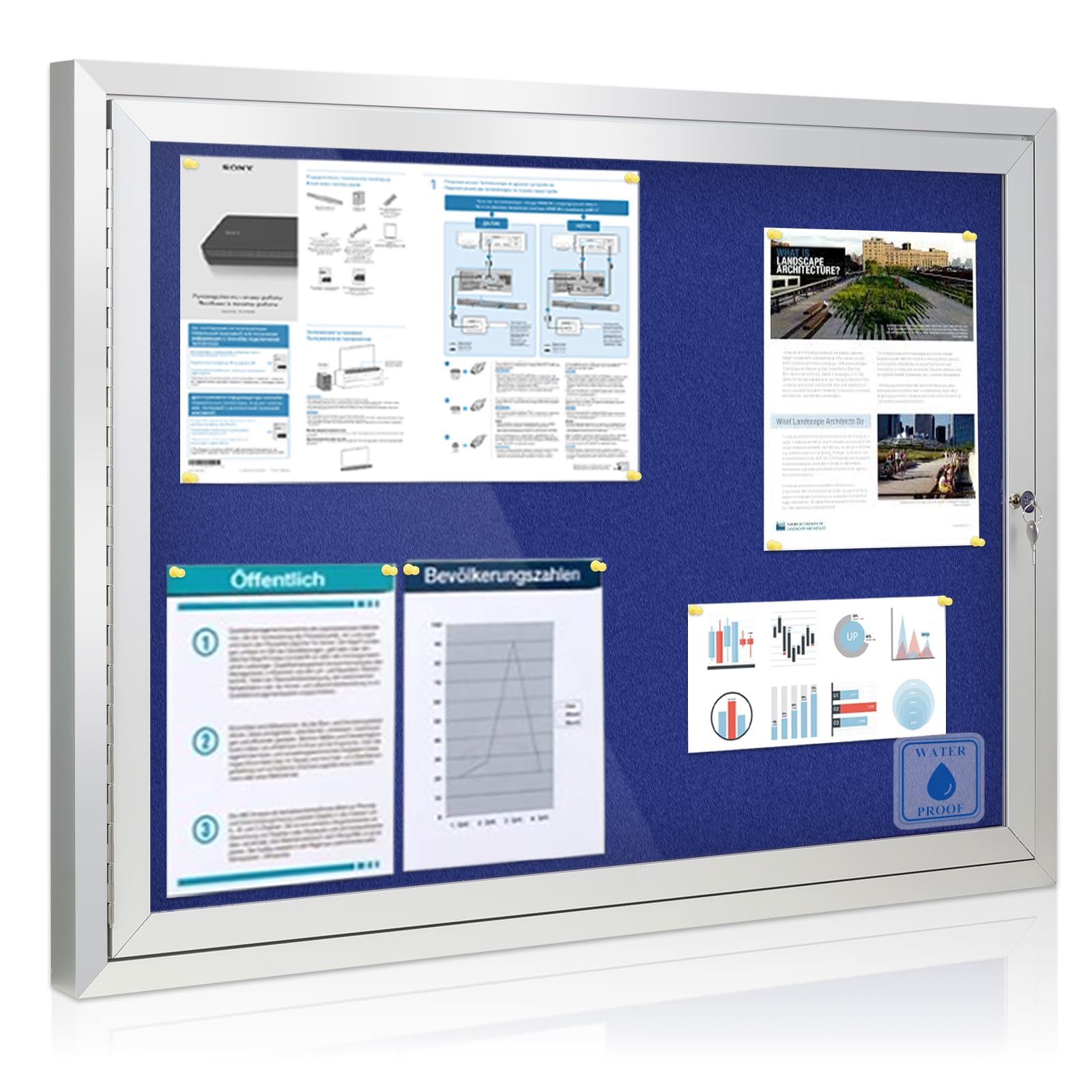 Swansea Outdoor Lockable Notice Board, Waterproof Blue Felt Display Pin Board Wall Mounted Noticeboard with Locking Door for Office School Store Community Center, Sliver Aluminum, 95x71cm(8xA4)-A1