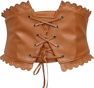 Women Lace Corset Cinch Belt, VISINE Vintage Lace-up Elastic Waist Belt High Waist PU Leather Tied for Halloween Costume