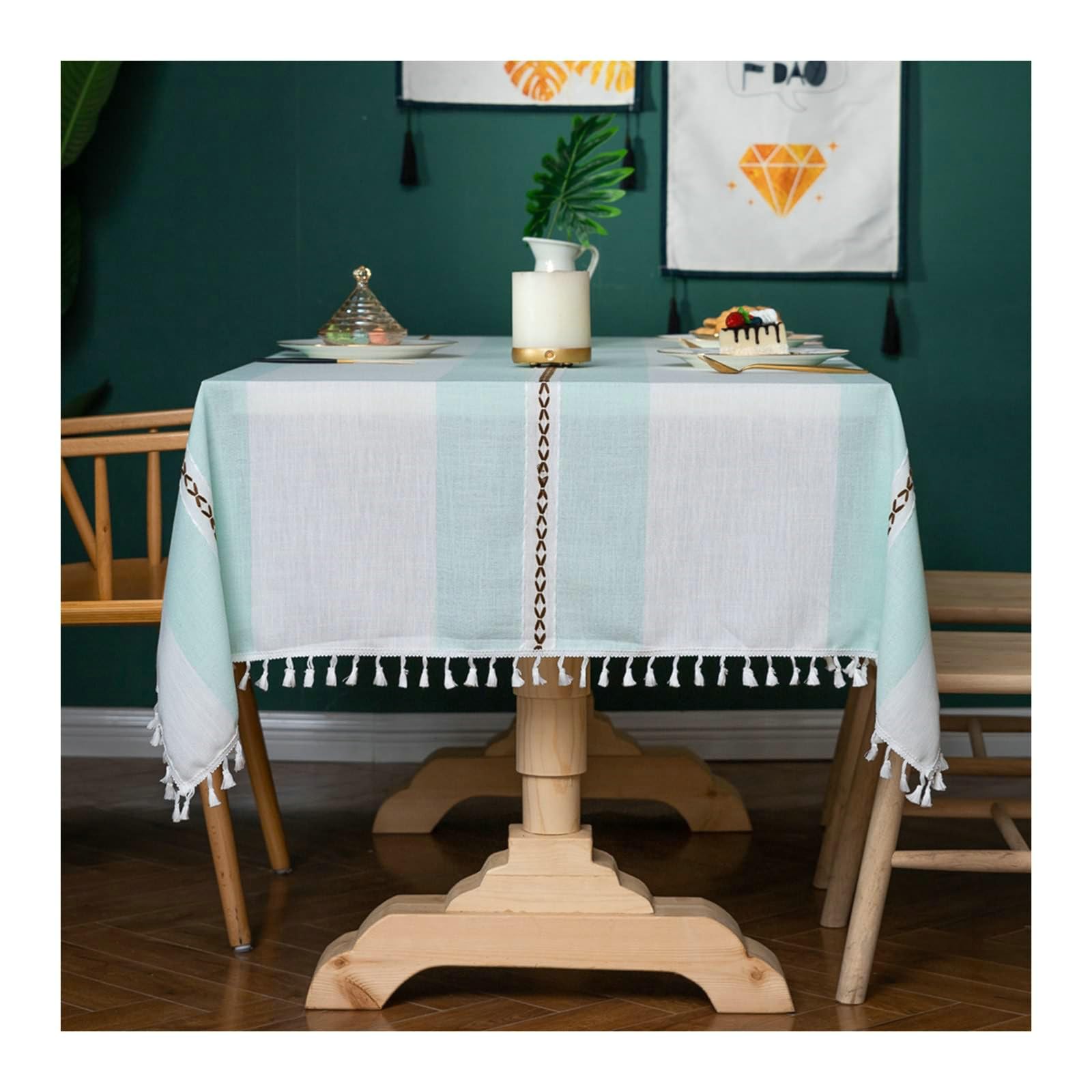 Gualiy Manteles Mesa Cuadrada Tela, Poliéster Mantel de Cocina de Tela 110x170CM Mantel Tela Lavable Rayas con Borlas Mantel para Mesa de Salon, Verde Claro