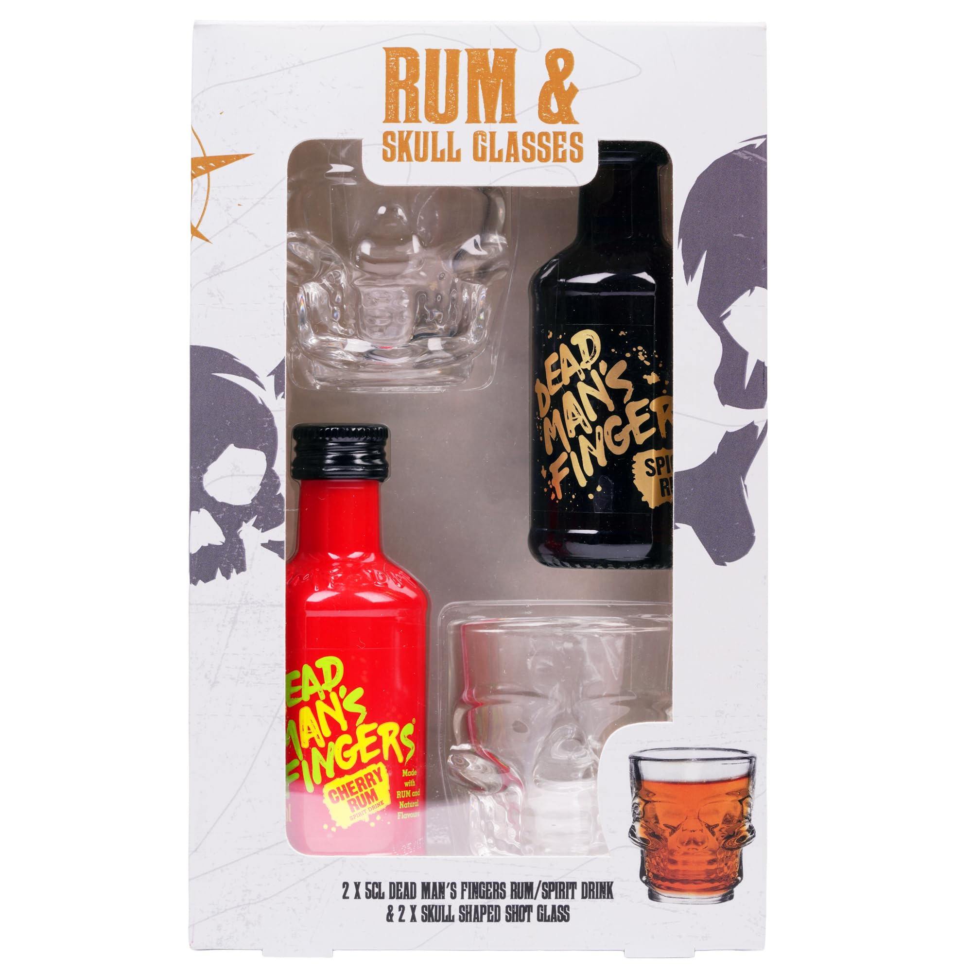 Dead Man’s Fingers Rum Gift Set – Cherry Spirit (32% ABV) & Spiced Rum (37.5% ABV) Miniatures with 2 Skull Shot Glasses – 2 x 5cl Flavoured Rum Taster Set by Blue Tree Gifts