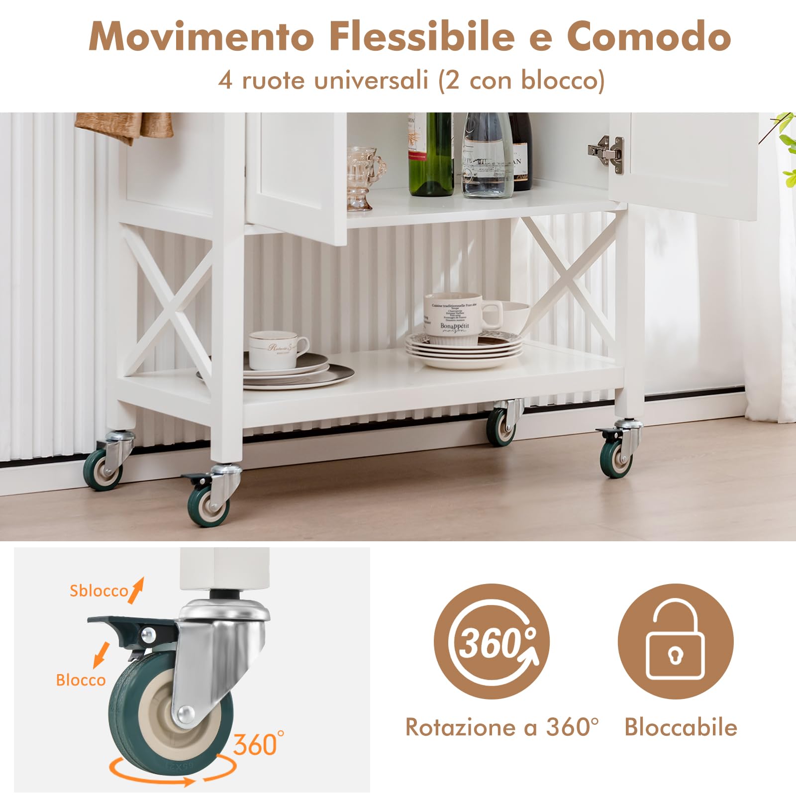 GYMAX Carrello da Cucina con Ruote, Isola da Cucina a 3 Ripiani con Armadietto a 2 Porte, Portaspezie e Portasciugamani, Credenza Portavivande in Legno per Cucina, Bar, 100 x 38 x 87 cm, Bianco