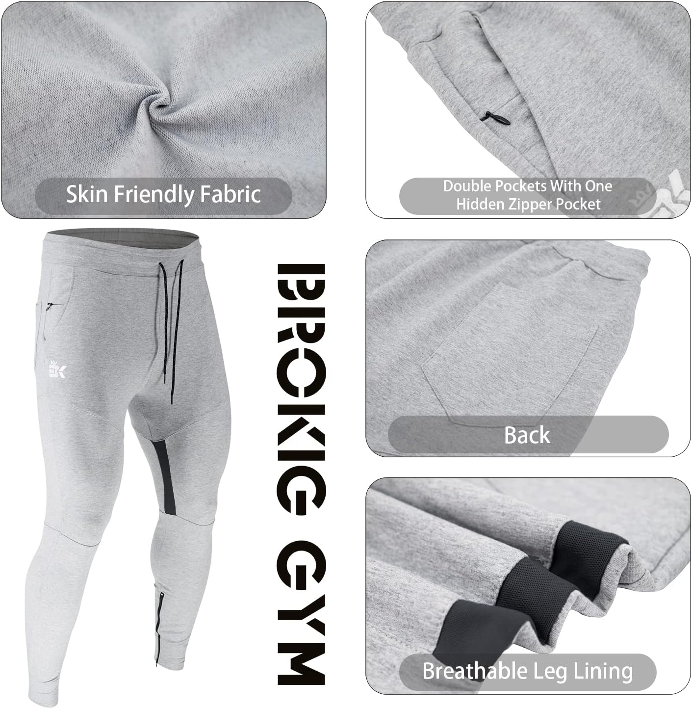BROKIG Men Fitted Gym Sweatpants,Casual Slim Workout Jogger Pants with Zipper Pocket Bodybuilding Athletic Tapered Pants - Image 6