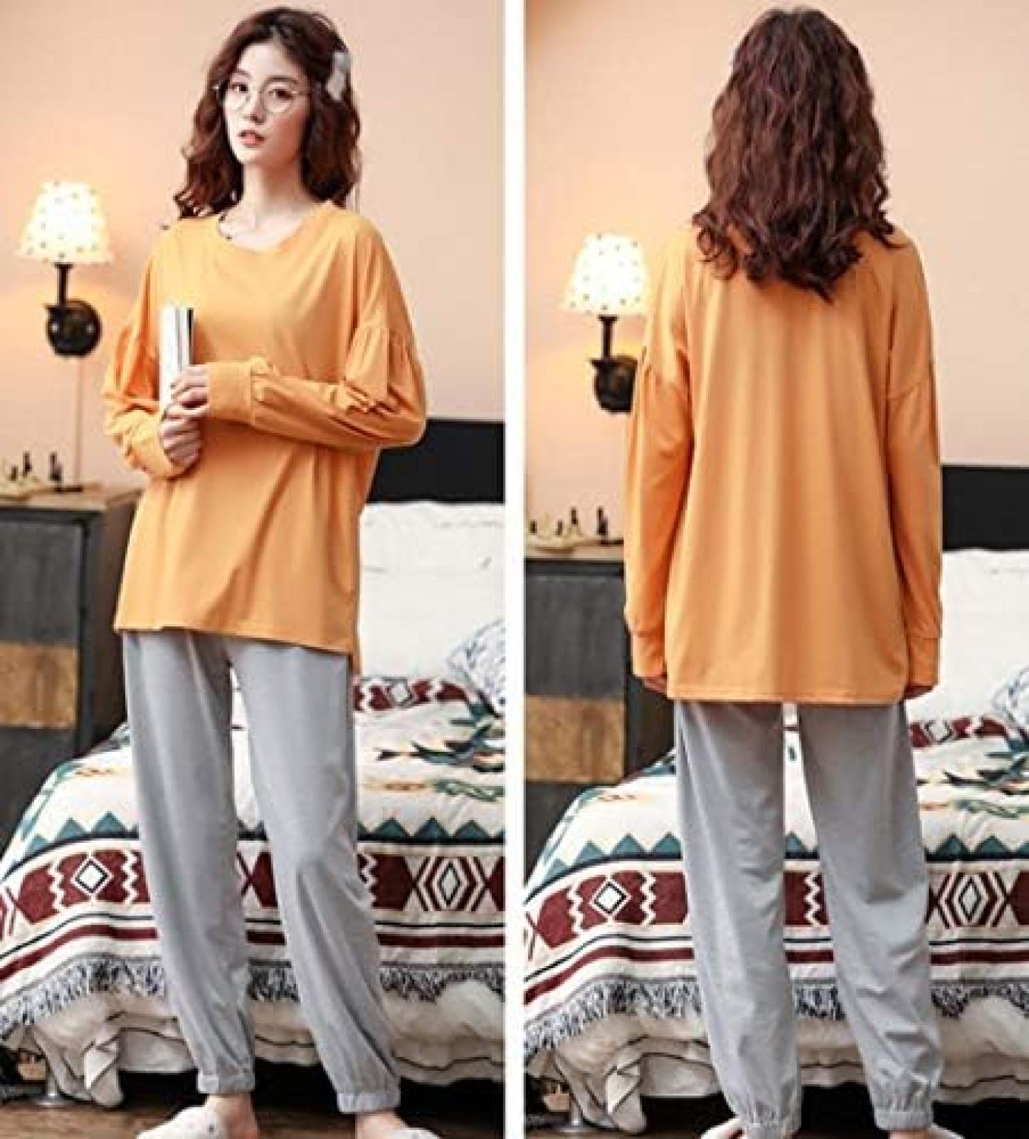 Pijamas De Mujer Primavera, Otoño E Invierno Conjunto De Color Sólido De Manga Larga De Algodón Puro De Dos Piezas,A,XL
