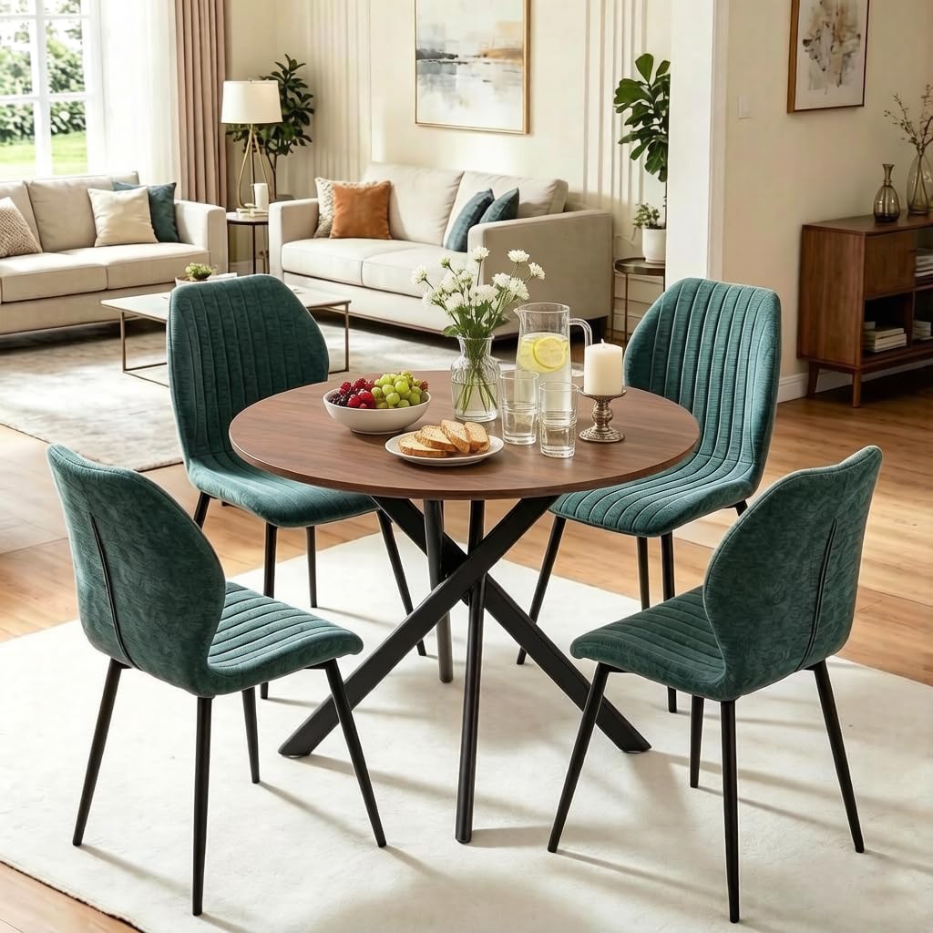 Warmiehomy Round Dining Room Table and Chairs Set 4, Modern Wooden Small Round Dining Table with 4 Chairs for Apartment, Living Room (Walnut +Green, 5pcs)