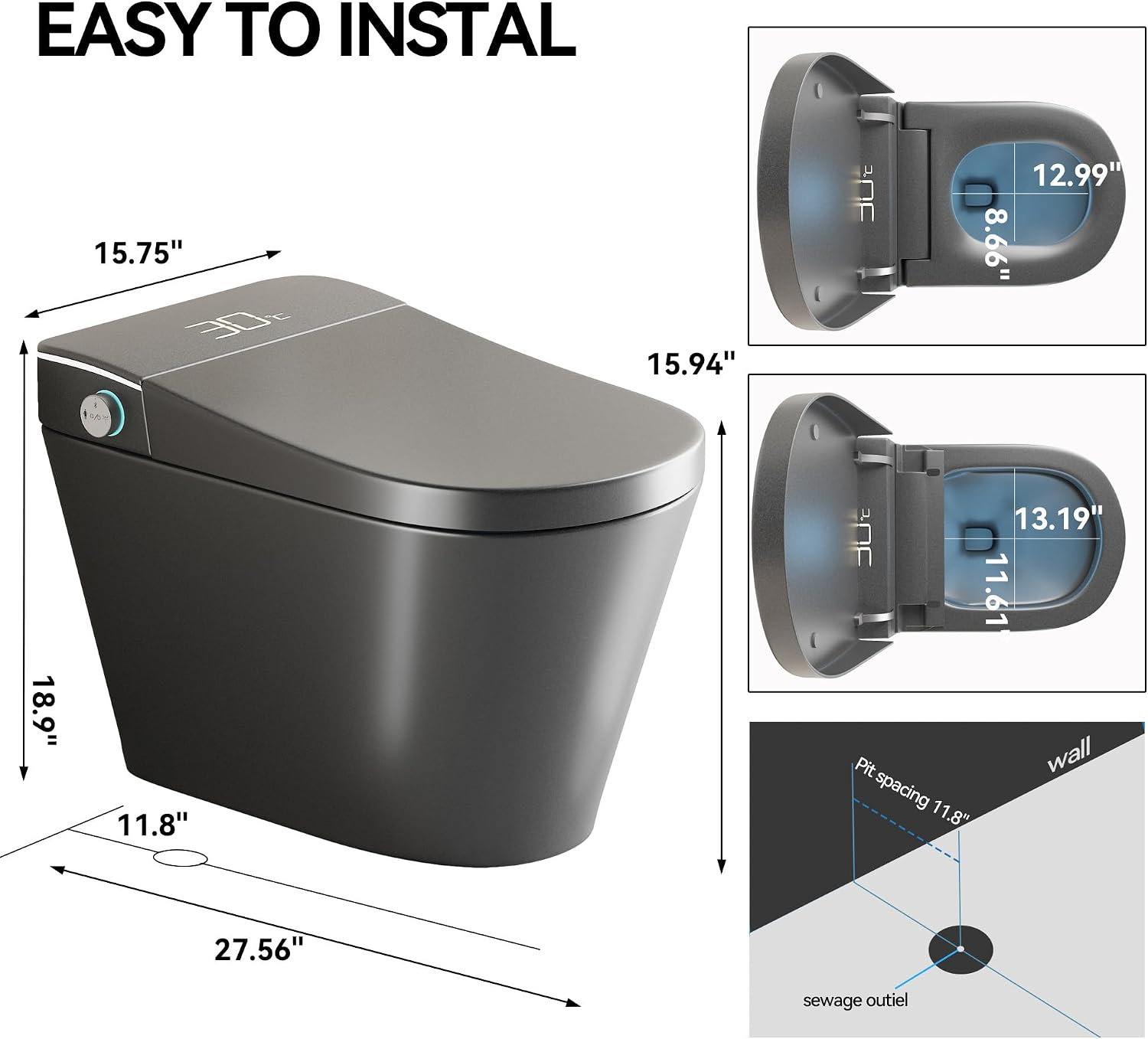 One Piece Smart Toilet with Built-in Bidet | Luxury Bidet Toilet with Heated Seat, Auto Flush; Foot Sensor Smart Toilets with Dryer, LED Display, Self-Cleaning, Temperature Control (Grey)