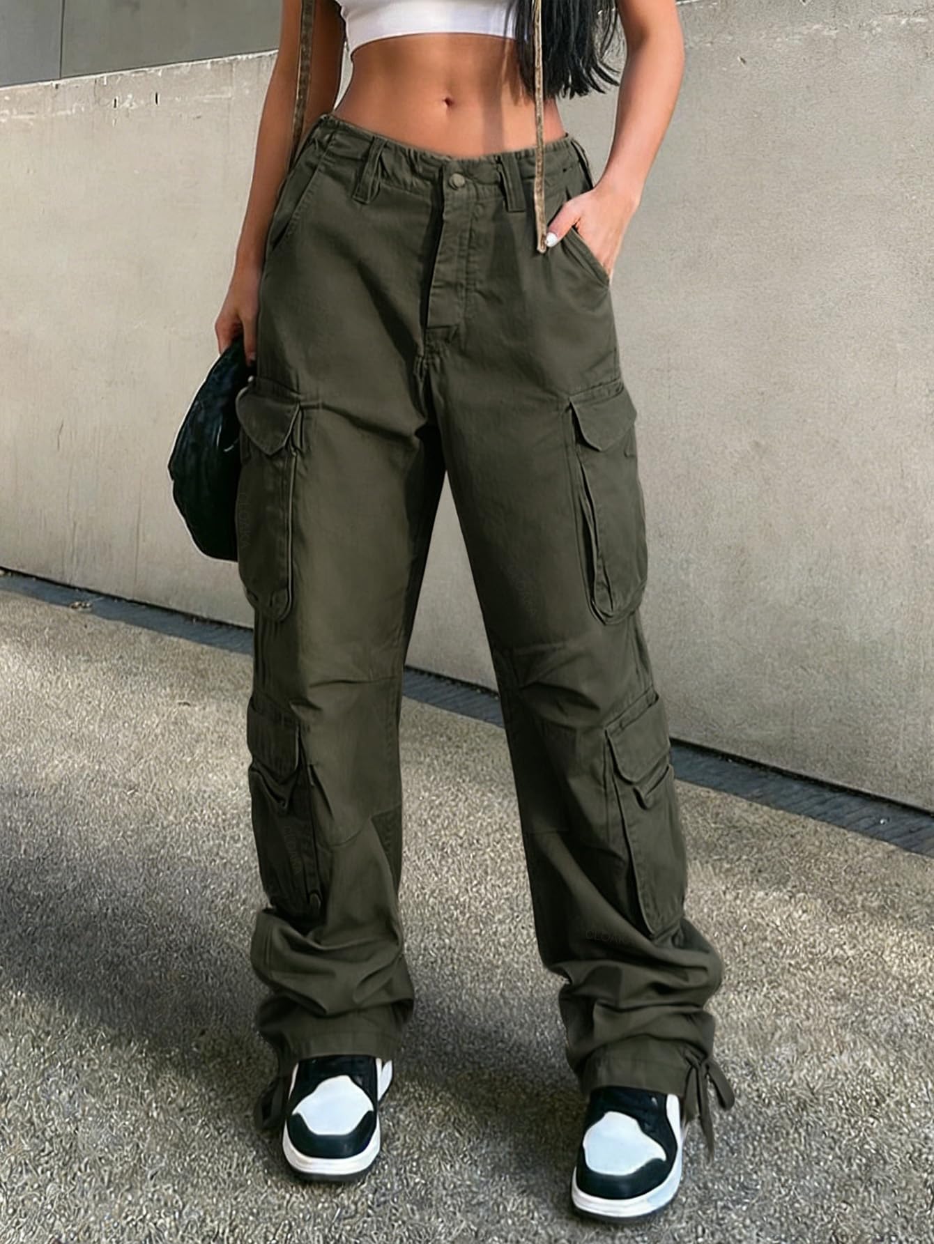 CLOAKA Pantalon cargo Y2k pour femme - Pantalon cargo ample en coton - Taille haute - Avec poches - Streetwear
