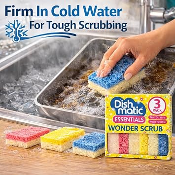 6 x Dishmatic Wonder Scrub Sponge Scourers – Non Scratch Multi-Purpose Cleaning Sponges – Dual Action Kitchen & Dish Washing Scourer Pads for Pots, Pans & Surfaces