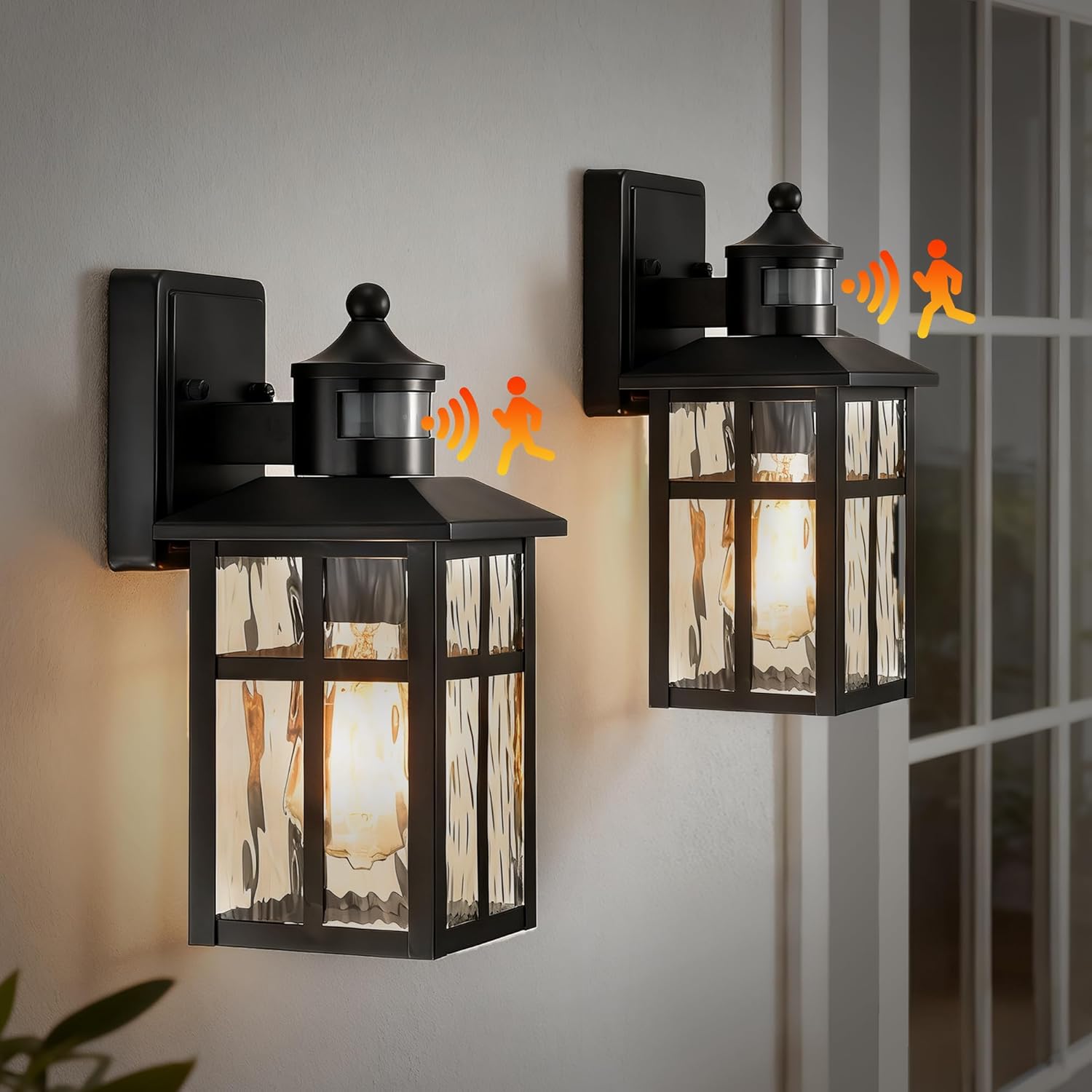 Edvivi Motion Sensor Porch Lights Outdoor, Dusk to Dawn Outdoor Lighting Wall Sconces with Water Glass, Matte Black Wall Mounted Lantern Light Wet Rated Exterior Lighting Fixtures for House 2-Pack