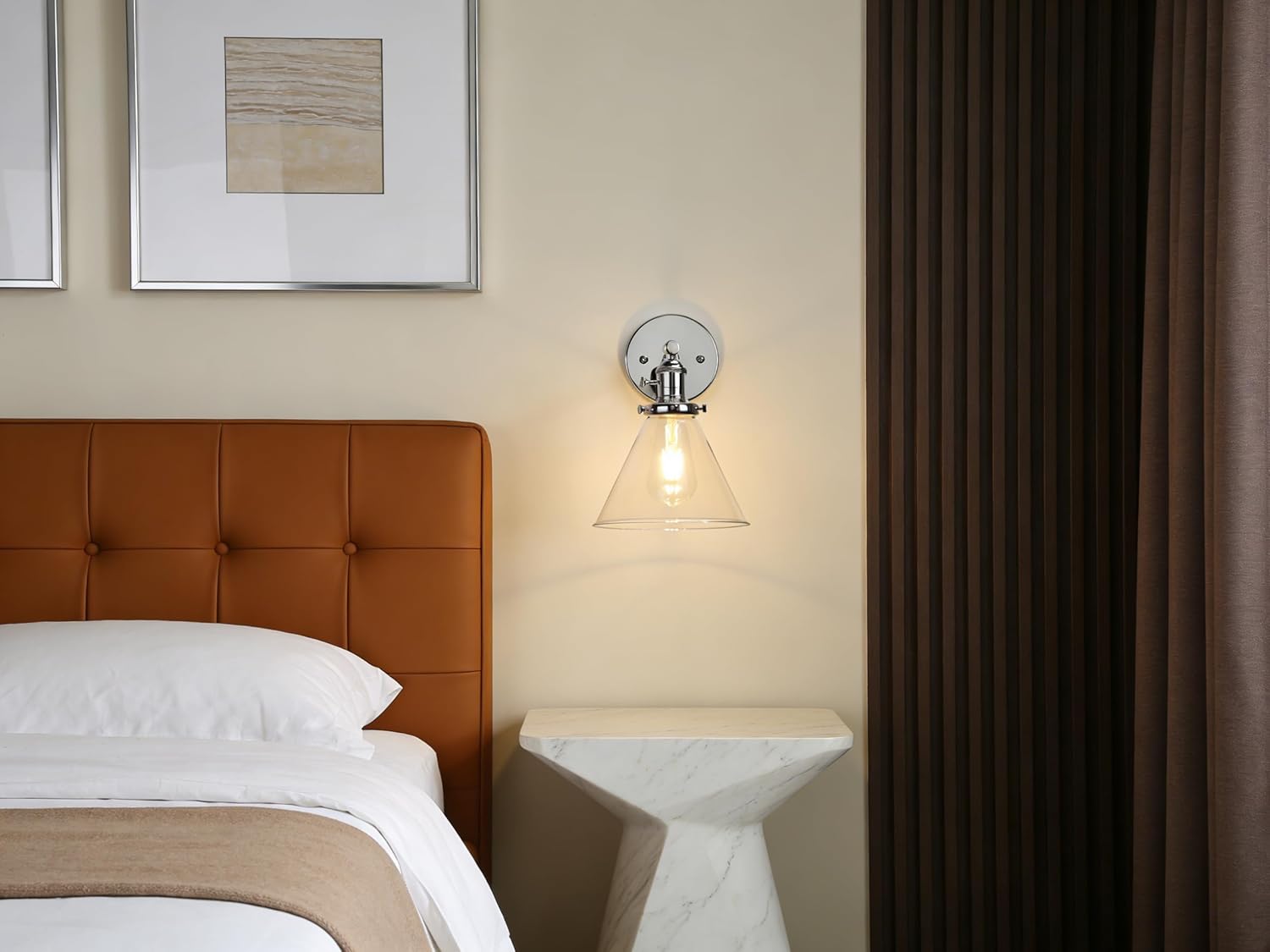 Phansthy Vintage Industrial Wall Light Bathroom Wall Sconce Indoor Hardwired 1-Light Wall Lamp with 7.3 Inches Cone Glass Lampshade for Mirror, Living Room, Hallway (Chrome)
