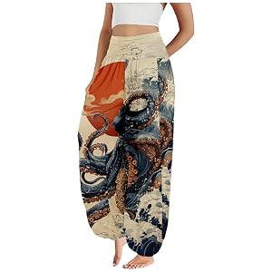 Boho Pants for Women Wide Leg Japanese Art Printed Harem Pants High Waist Plus Size Hippie Flowy Baggy
