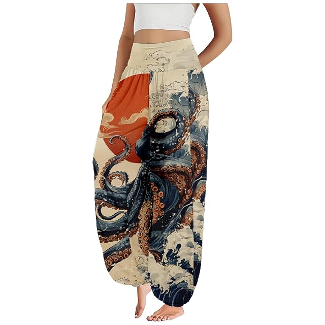 Boho Pants for Women Wide Leg Japanese Art Printed Harem Pants High Waist Plus Size Hippie Flowy Baggy